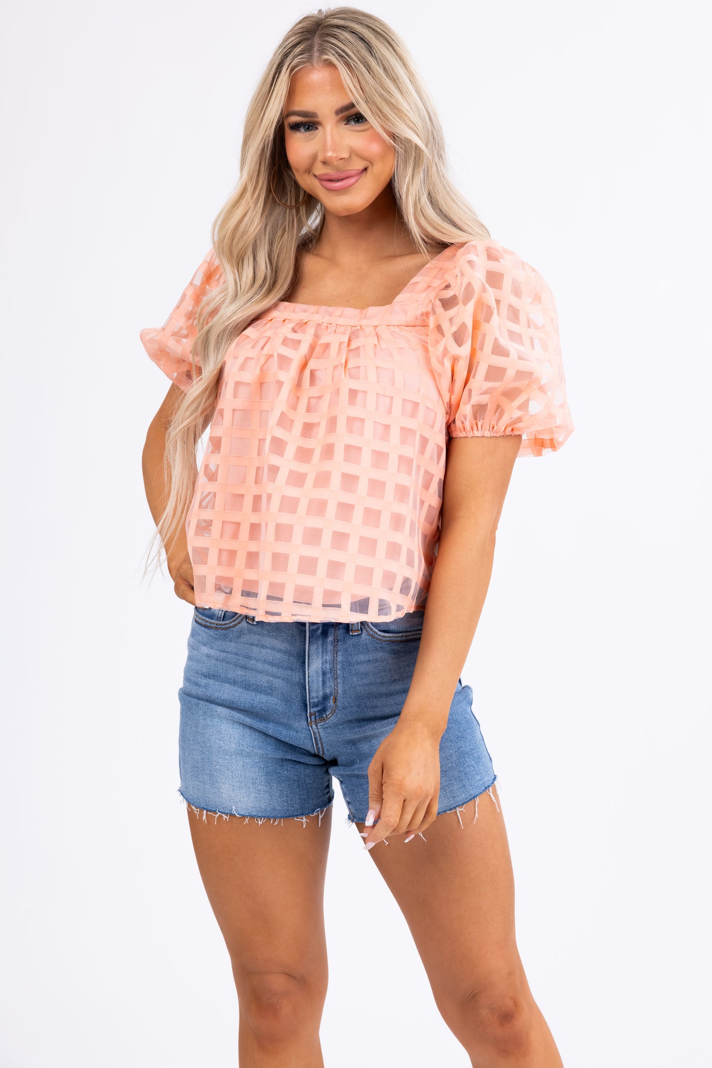 She+Sky Coral Puff Sleeve Square Neck Top