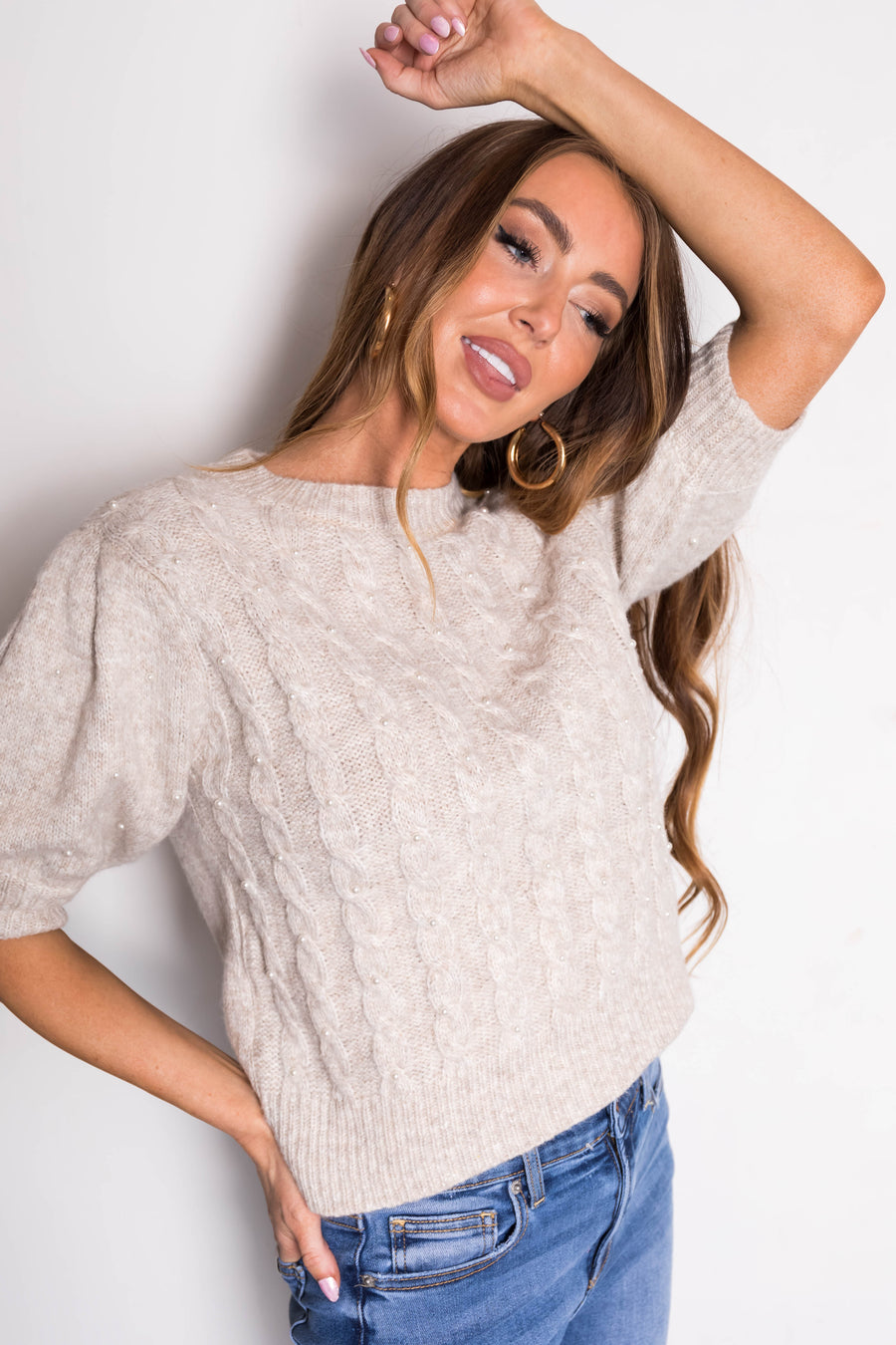 She+Sky Cream Cable Knit Pearl Studded Short Sleeve Sweater