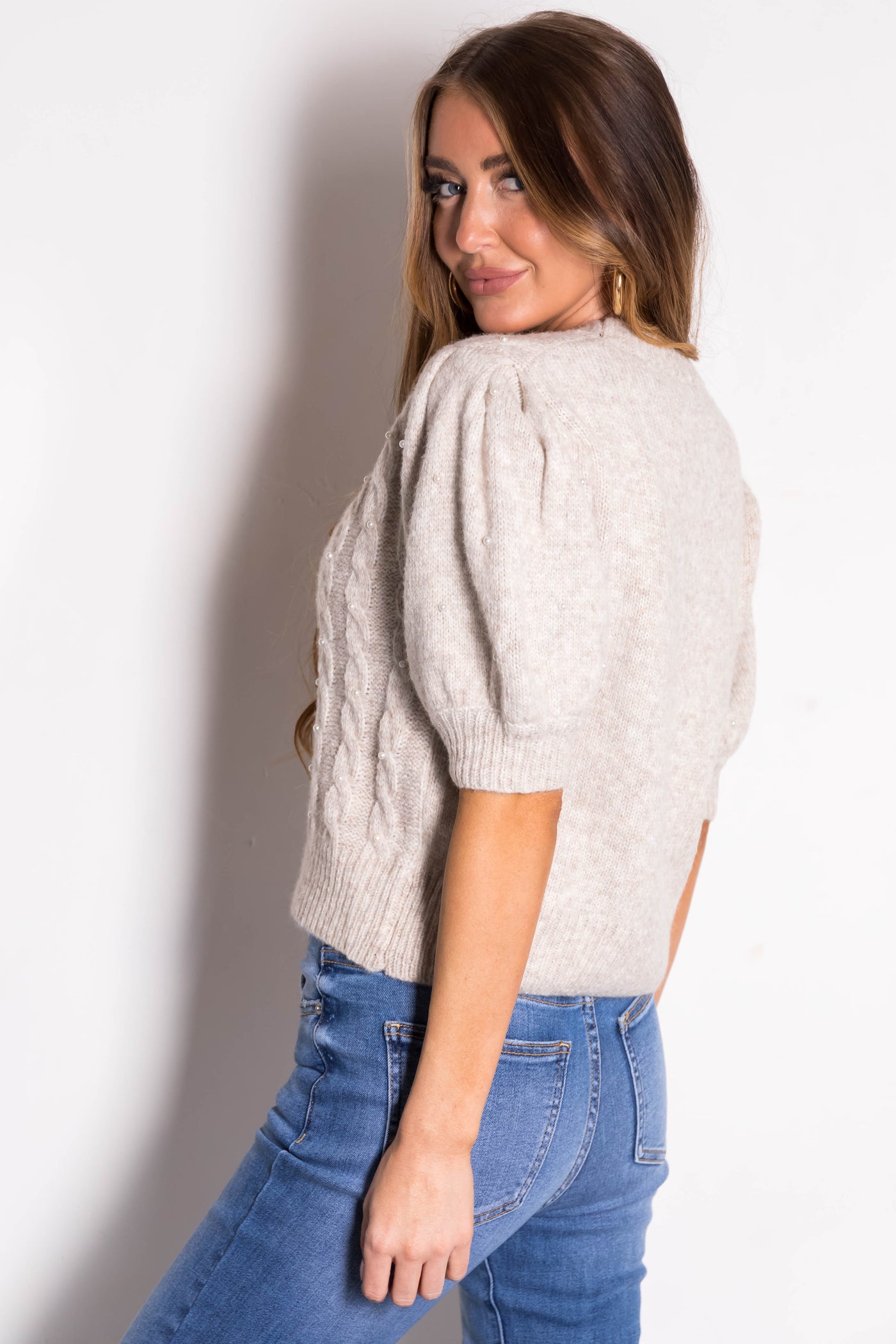 She+Sky Cream Cable Knit Pearl Studded Short Sleeve Sweater