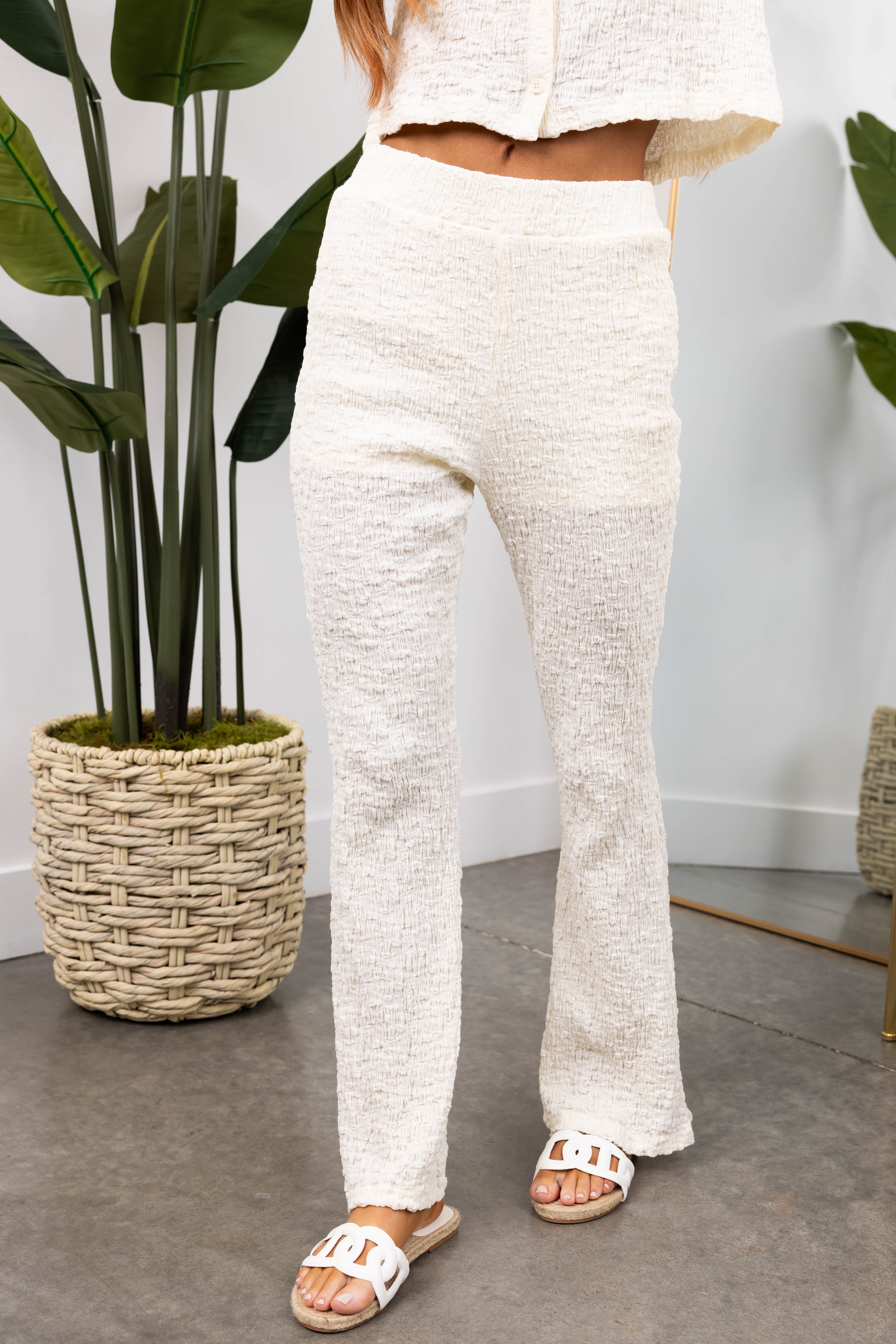 She+Sky Cream Flare Leg Textured Knit Pants | Lime Lush Boutique