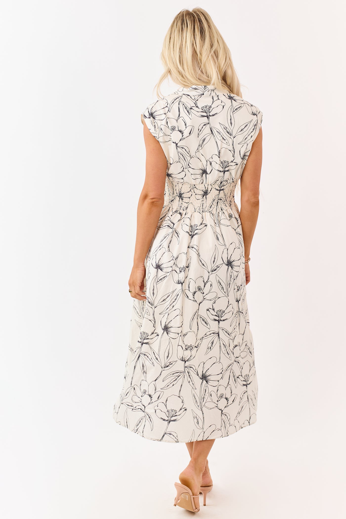 She+Sky Cream Floral Print Cotton Zip Up Midi Dress