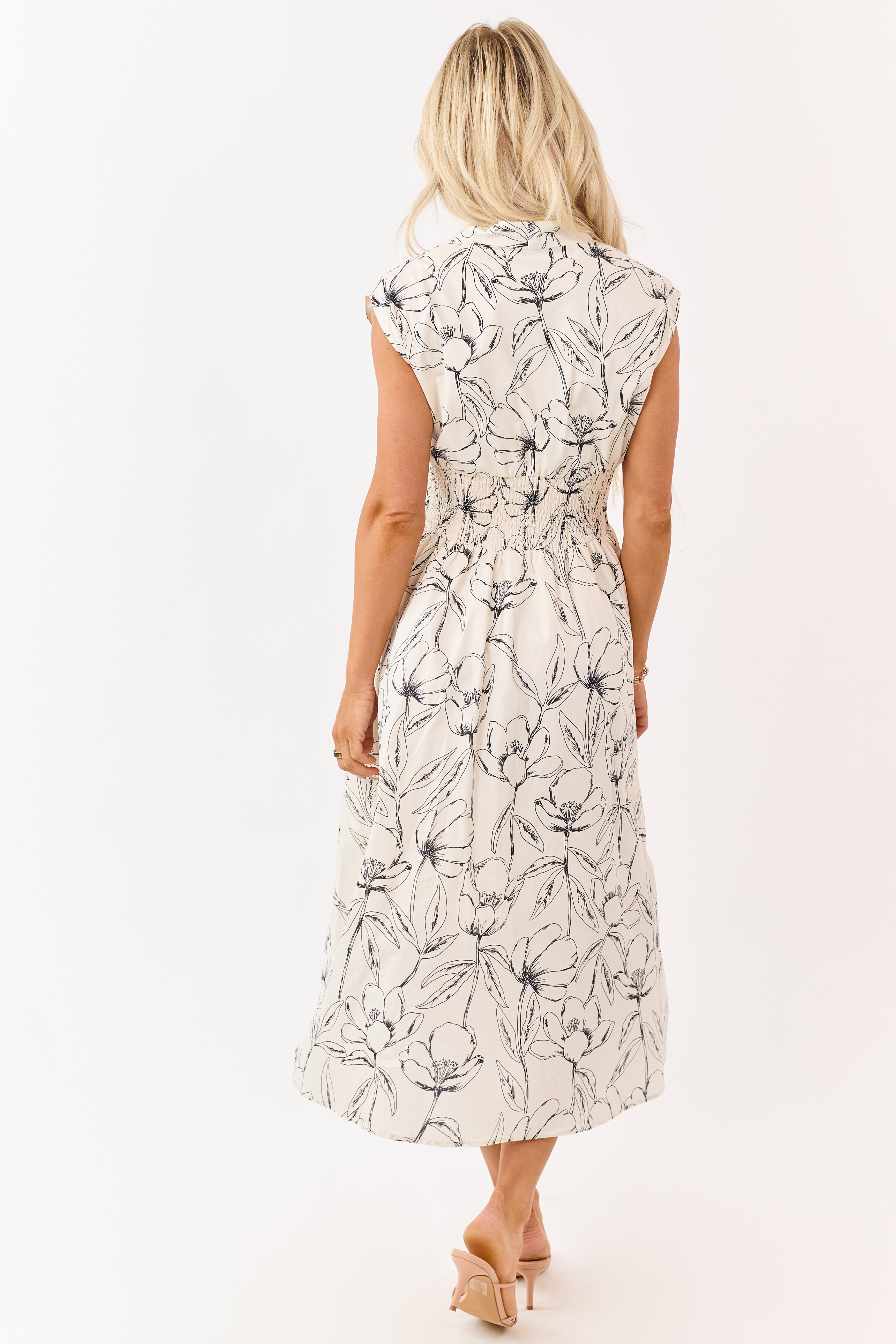 She+Sky Cream Floral Print Cotton Zip Up Midi Dress
