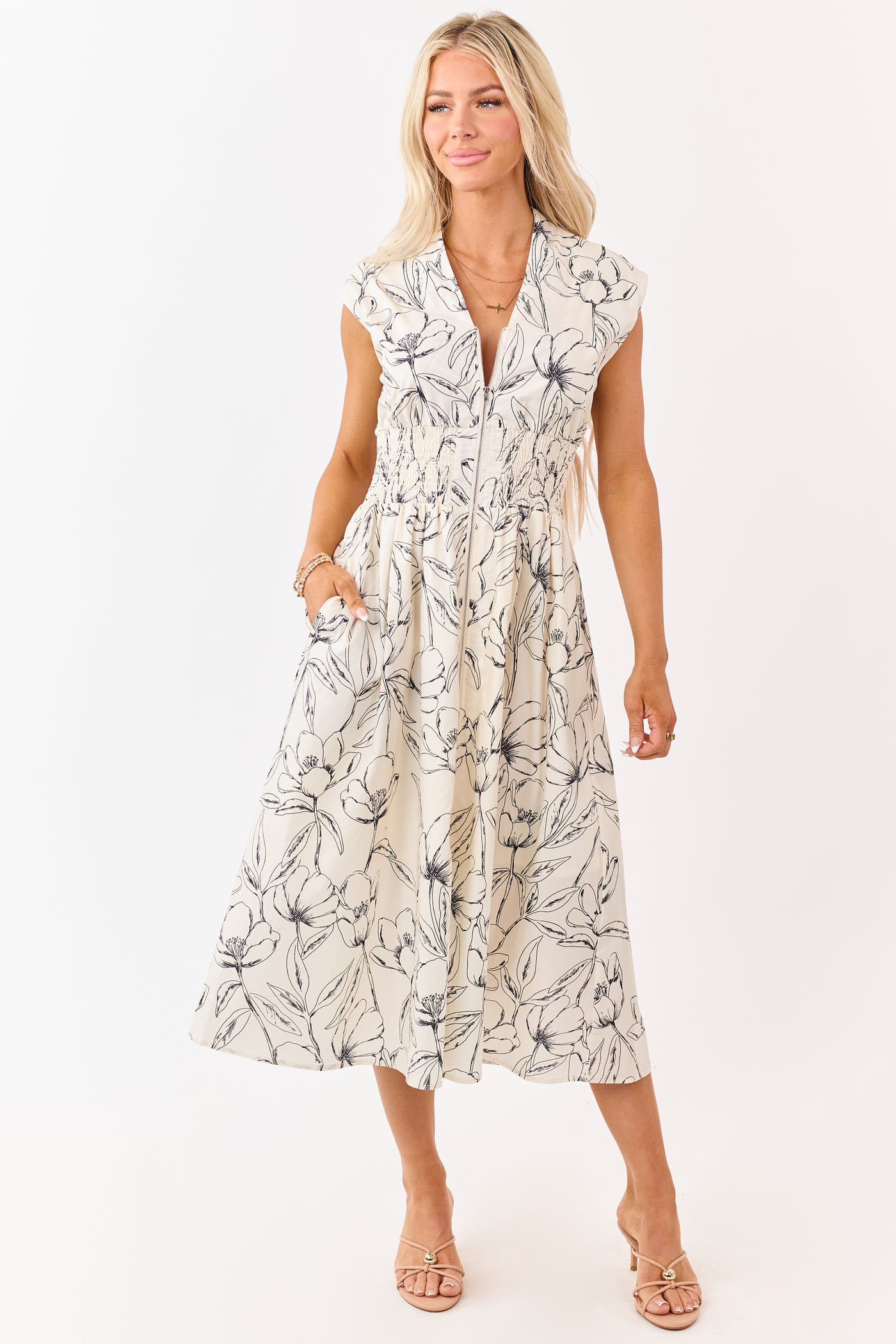 She+Sky Cream Floral Print Cotton Zip Up Midi Dress