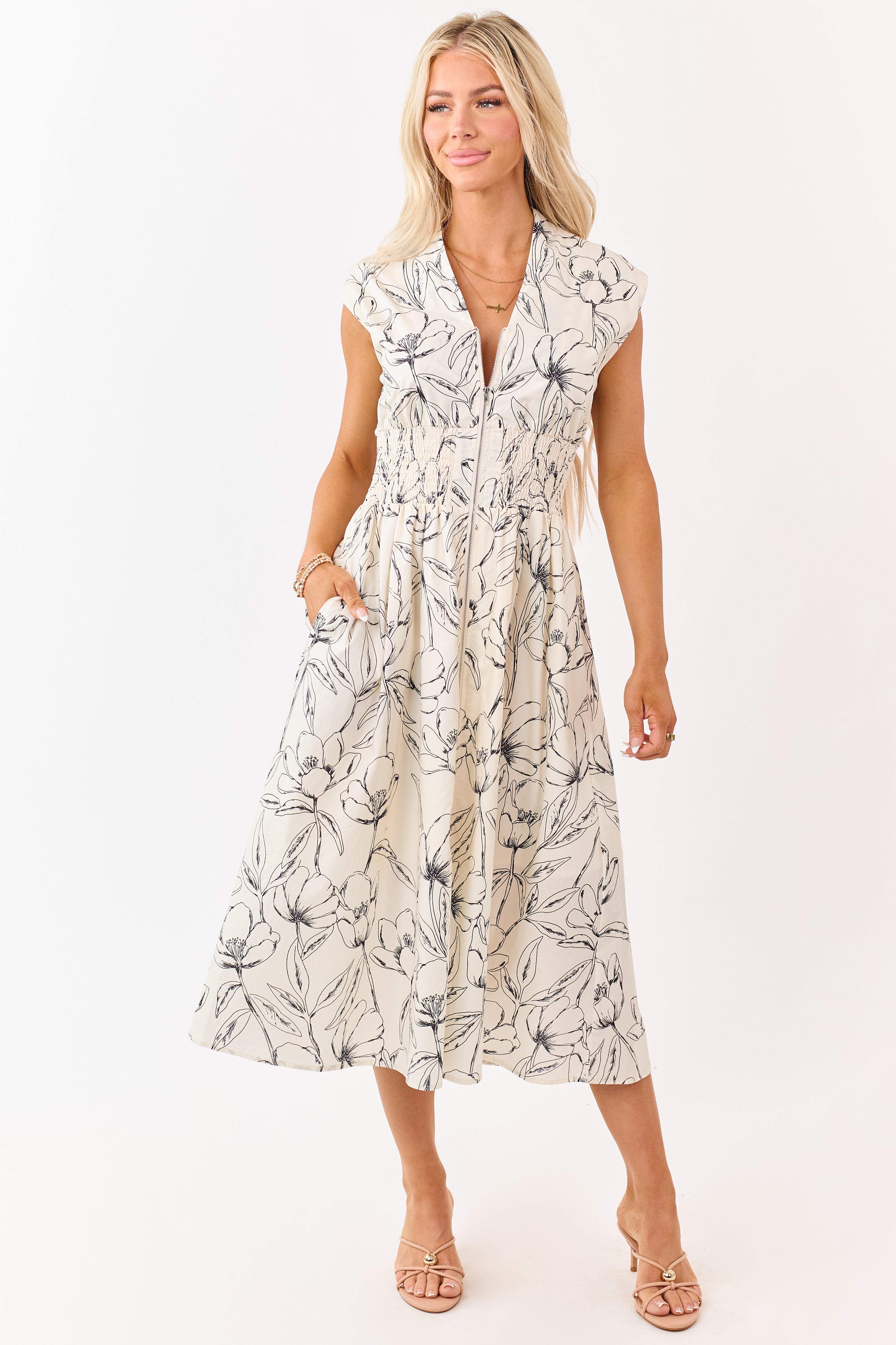 She+Sky Cream Floral Print Cotton Zip Up Midi Dress