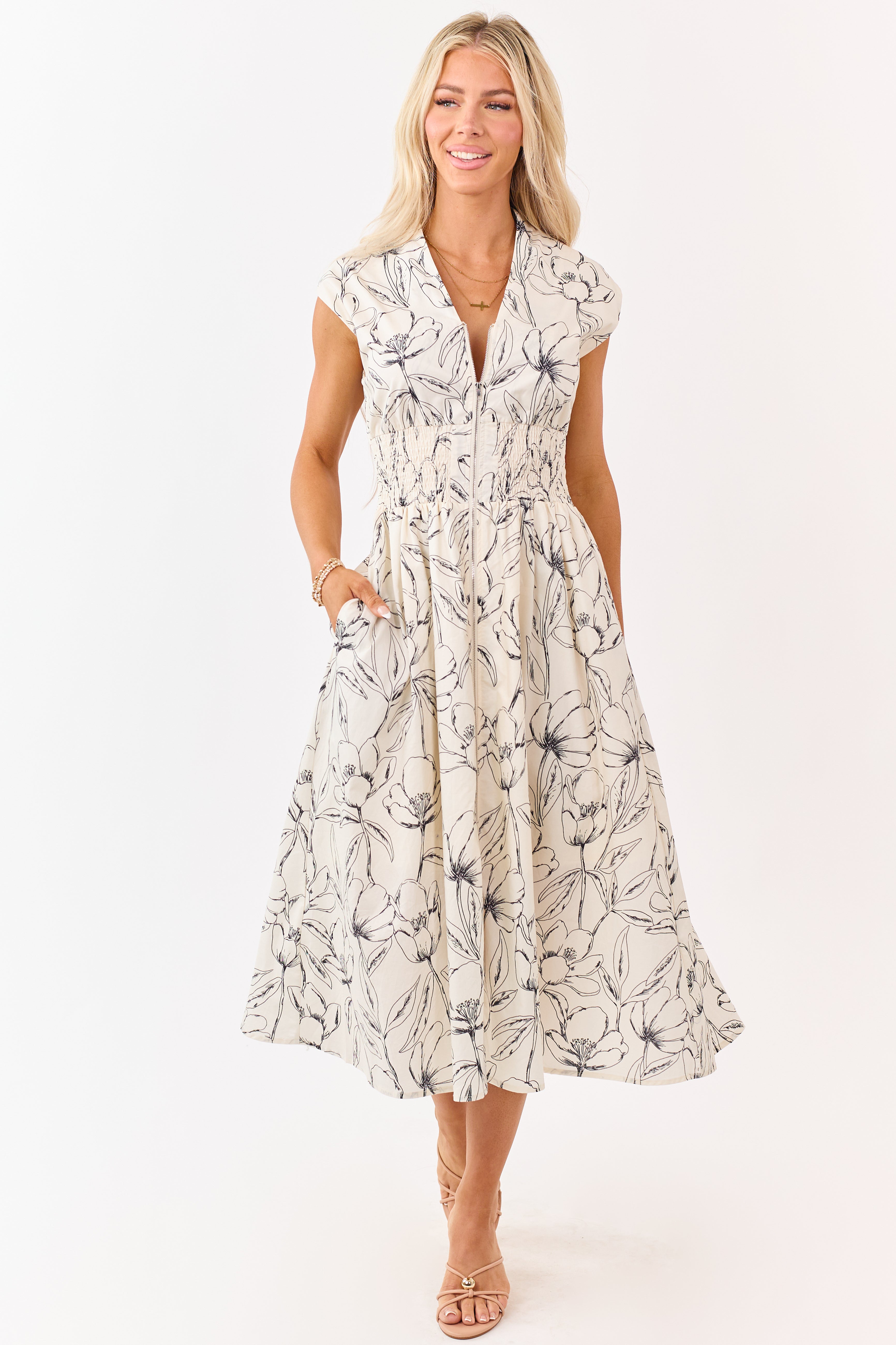 She+Sky Cream Floral Print Cotton Zip Up Midi Dress