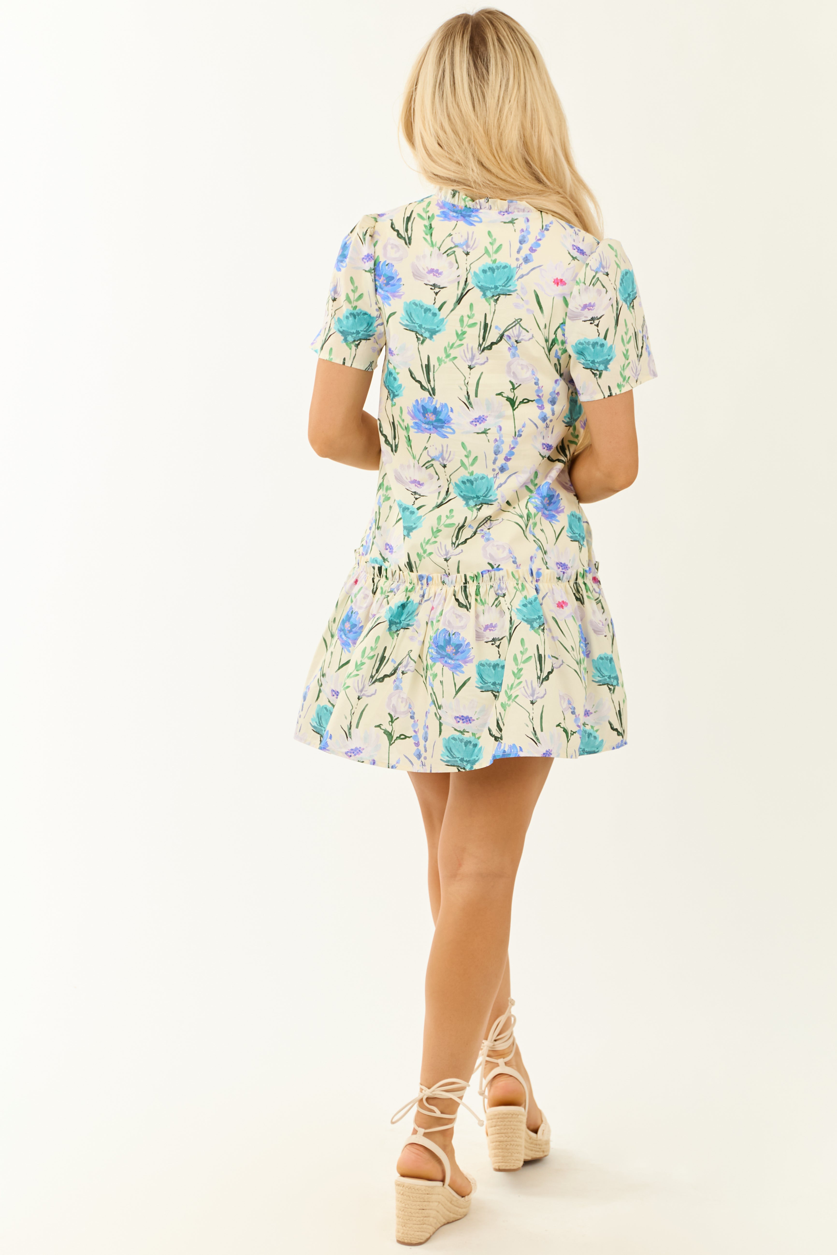 She+Sky Cream Floral Print Short Sleeve Short Dress