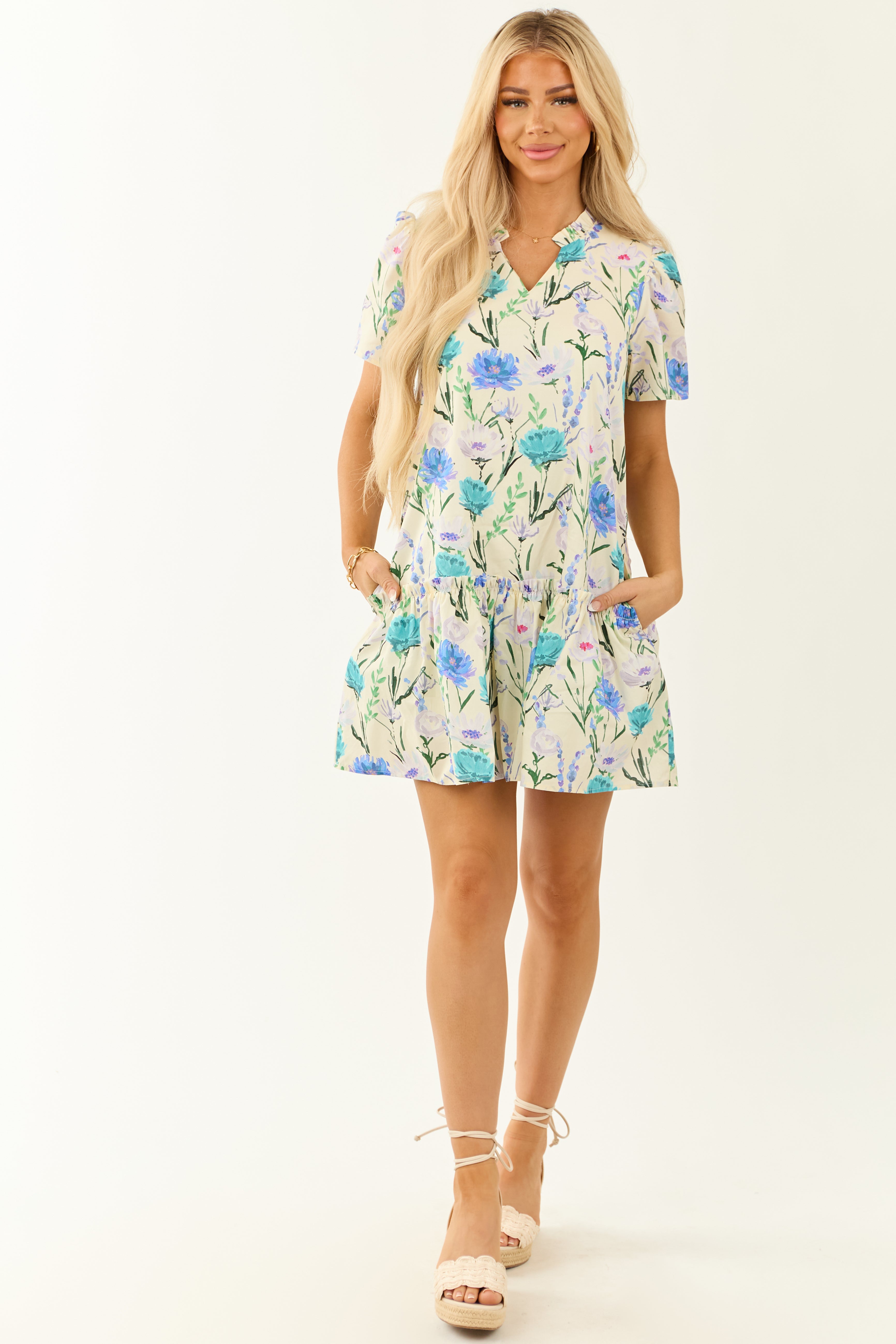 She+Sky Cream Floral Print Short Sleeve Short Dress