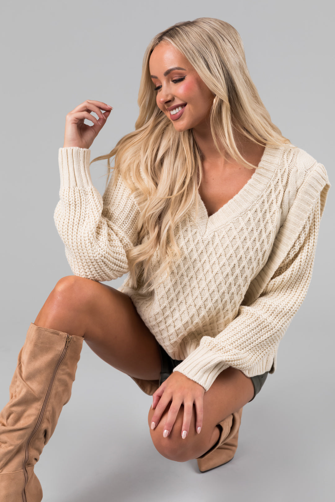 She+Sky Cream Lattice Knit V Neck Sweater