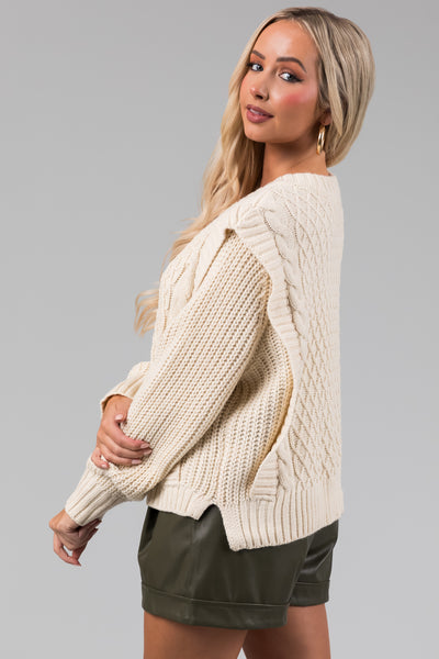 She+Sky Cream Lattice Knit V Neck Sweater