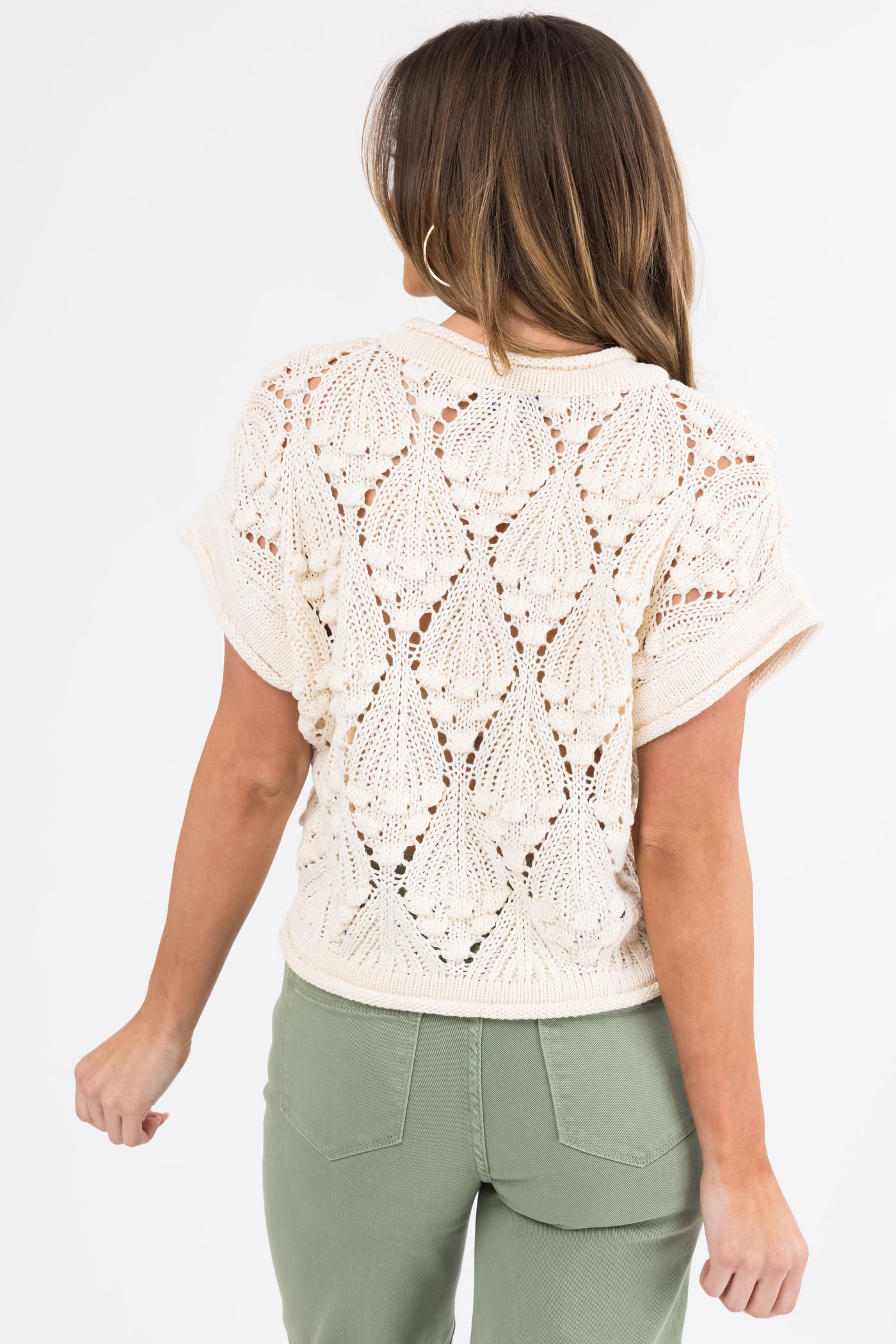 She+Sky Cream Short Sleeve Cut Out Knit Sweater