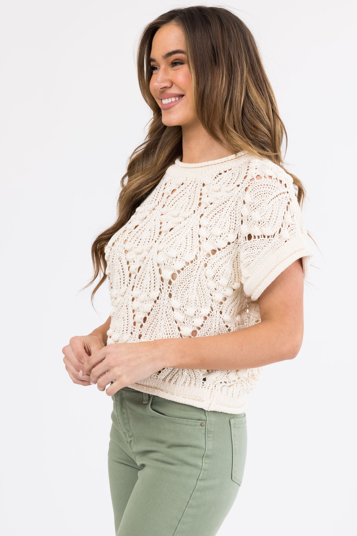 She+Sky Cream Short Sleeve Cut Out Knit Sweater