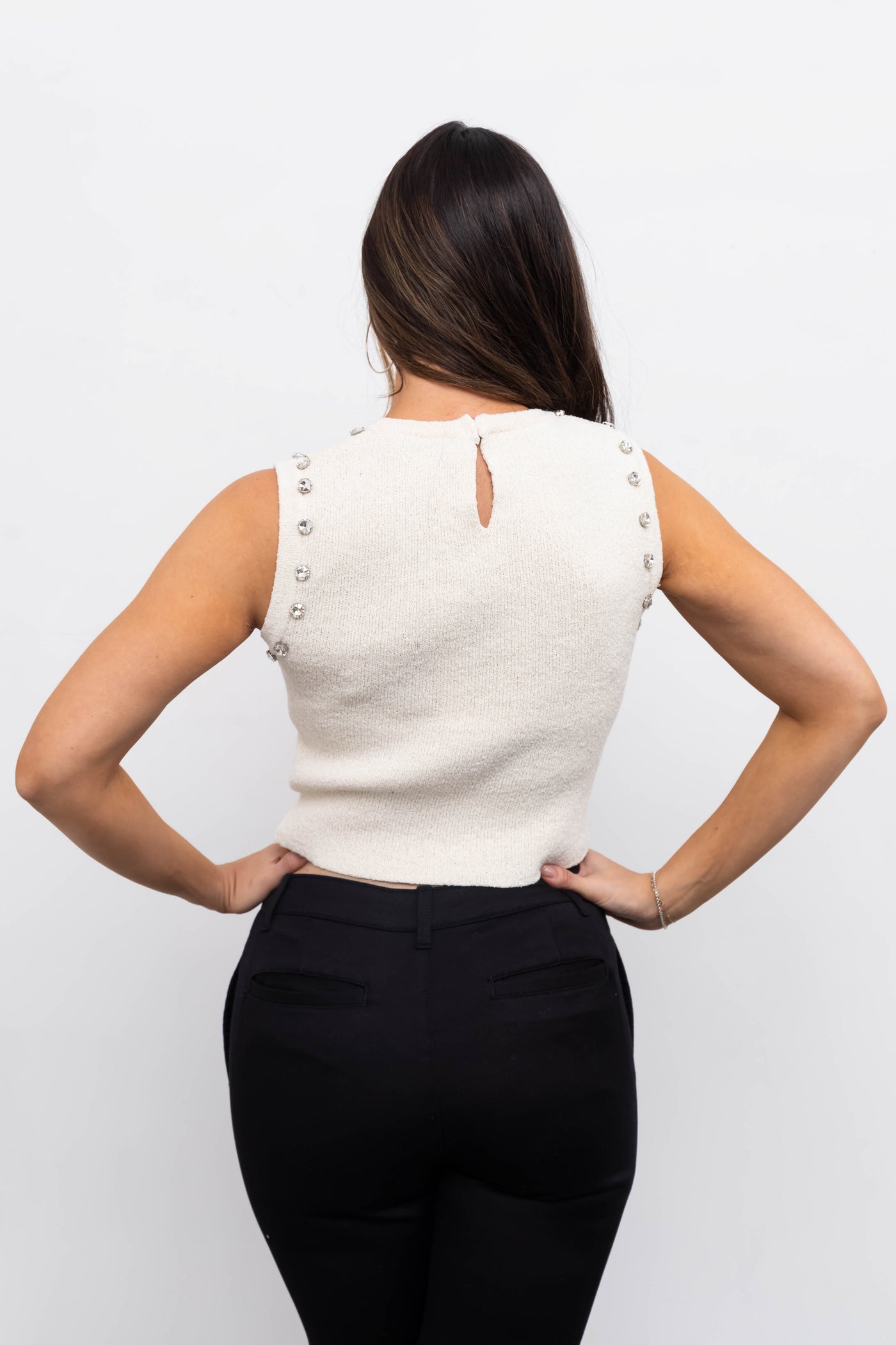 She+Sky Cream Sleeveless Rhinestone Sweater Top