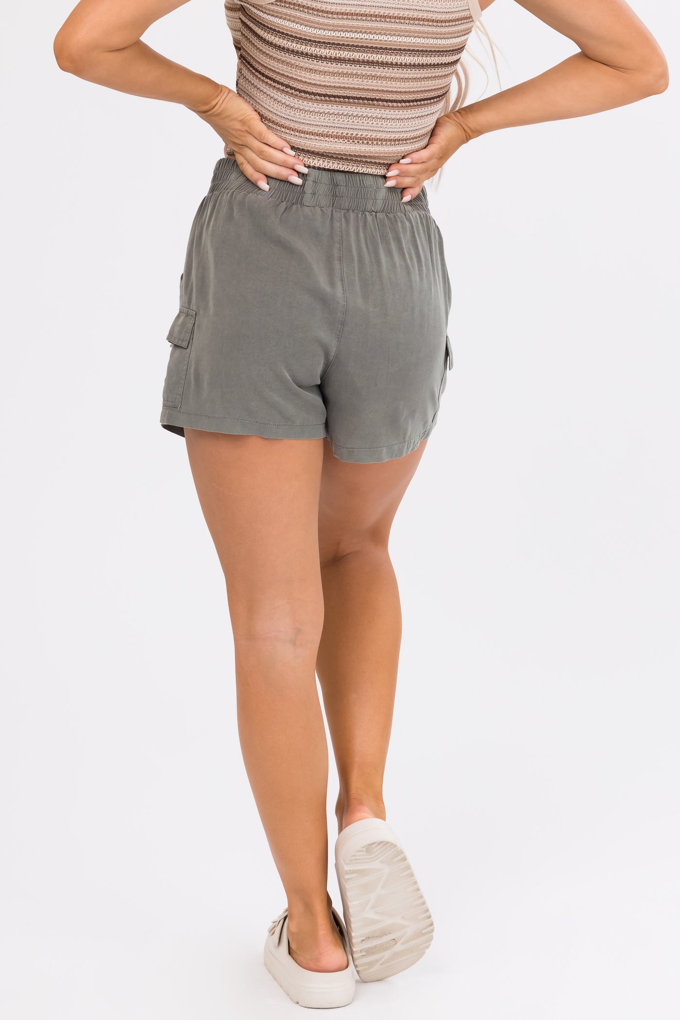 She+Sky Dusty Olive Washed Lightweight Cargo Shorts