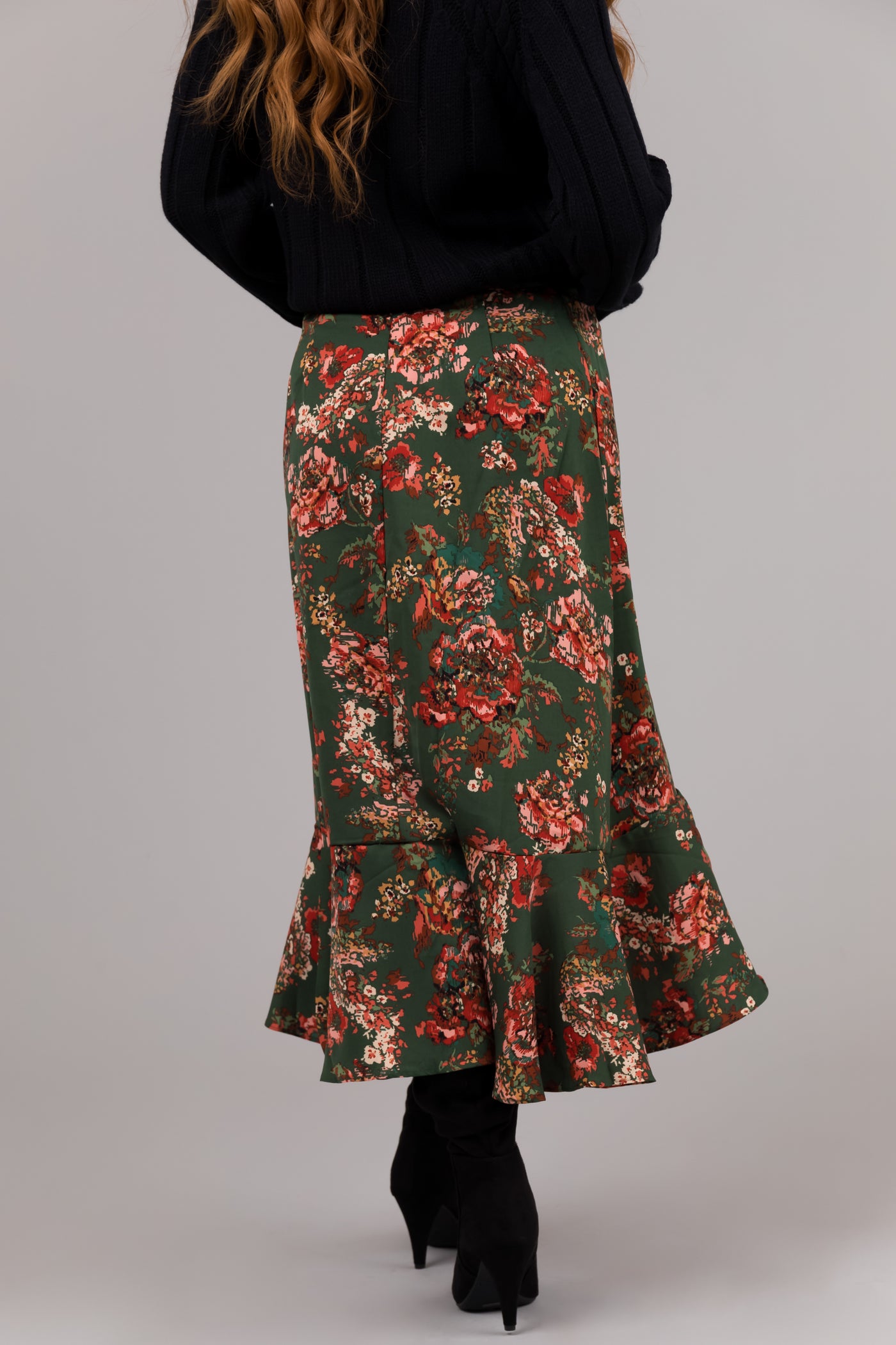 She+Sky Forest Green Floral Print Midi Skirt