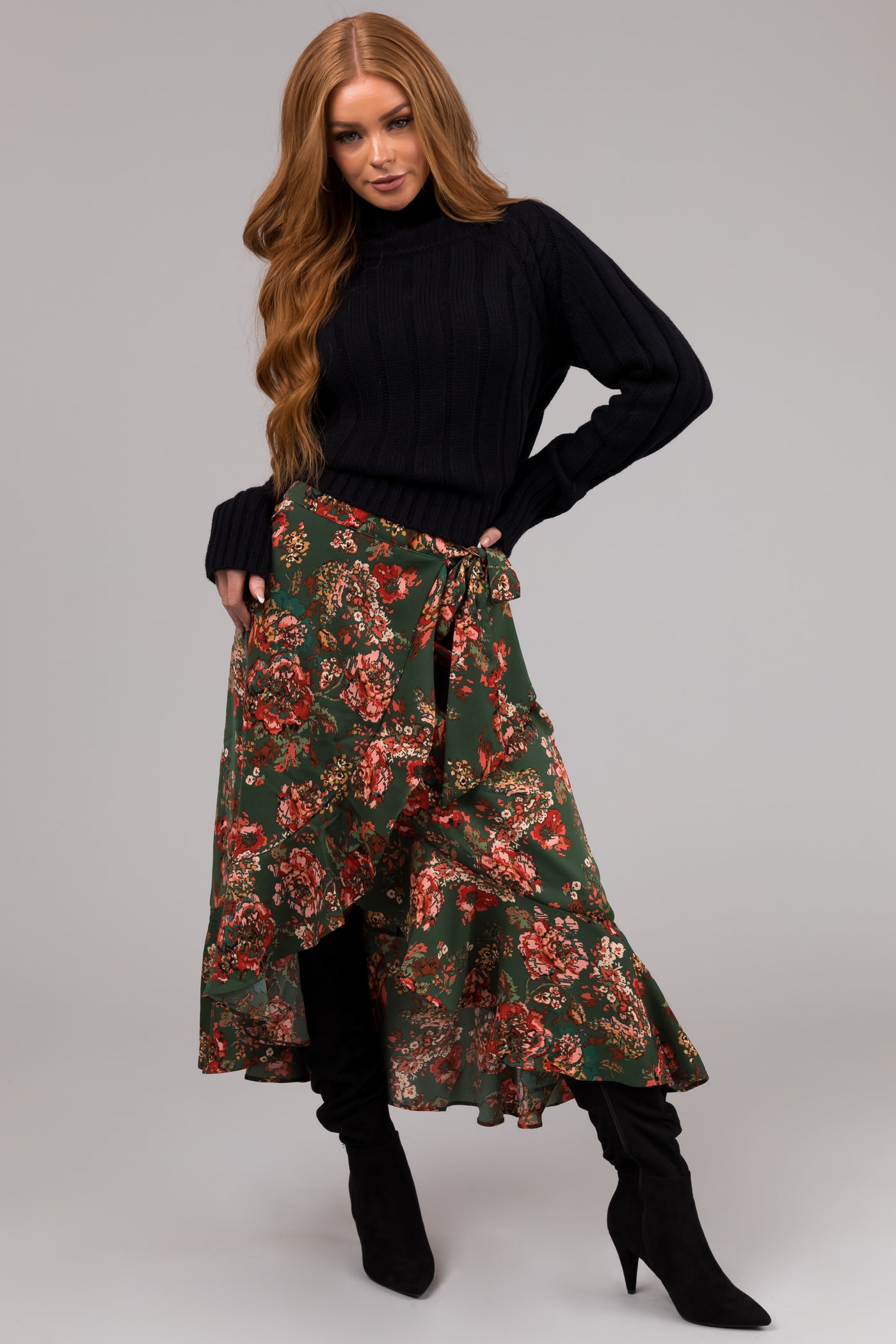 She+Sky Forest Green Floral Print Midi Skirt