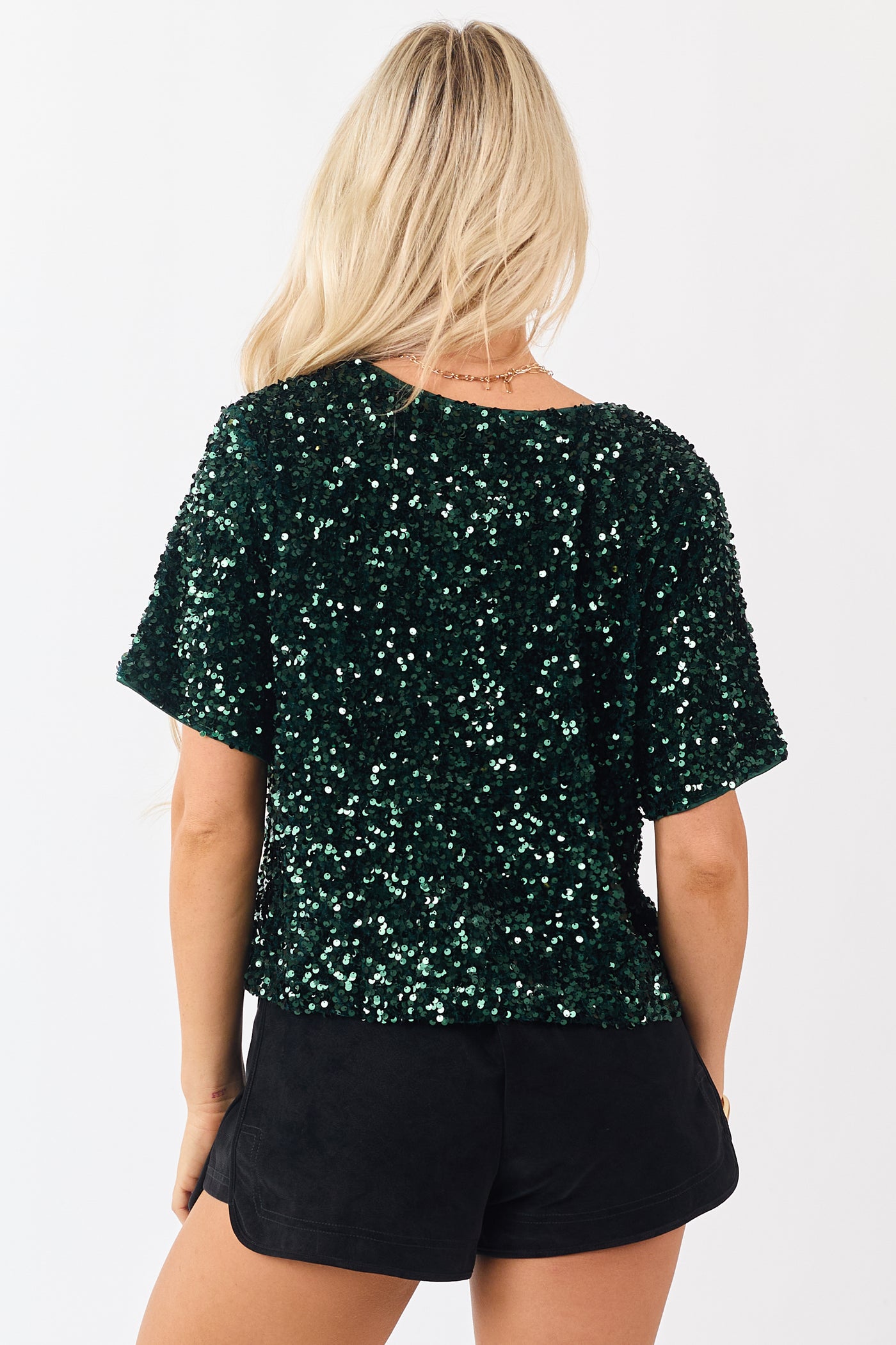 She+Sky Forest Green Sequined Short Sleeve Top