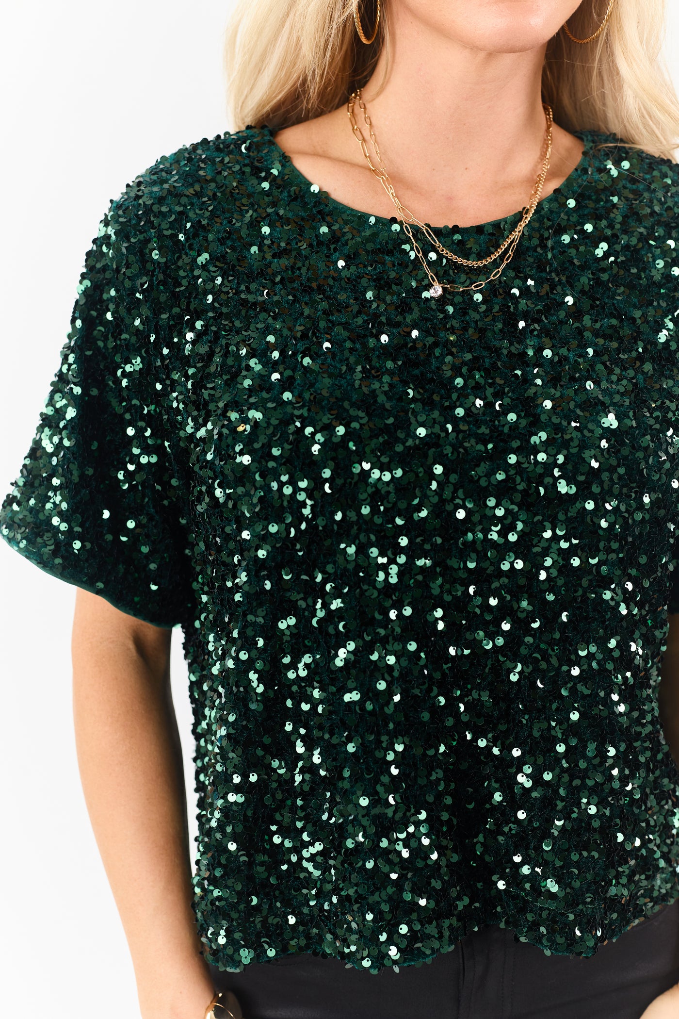 She+Sky Forest Green Sequined Short Sleeve Top