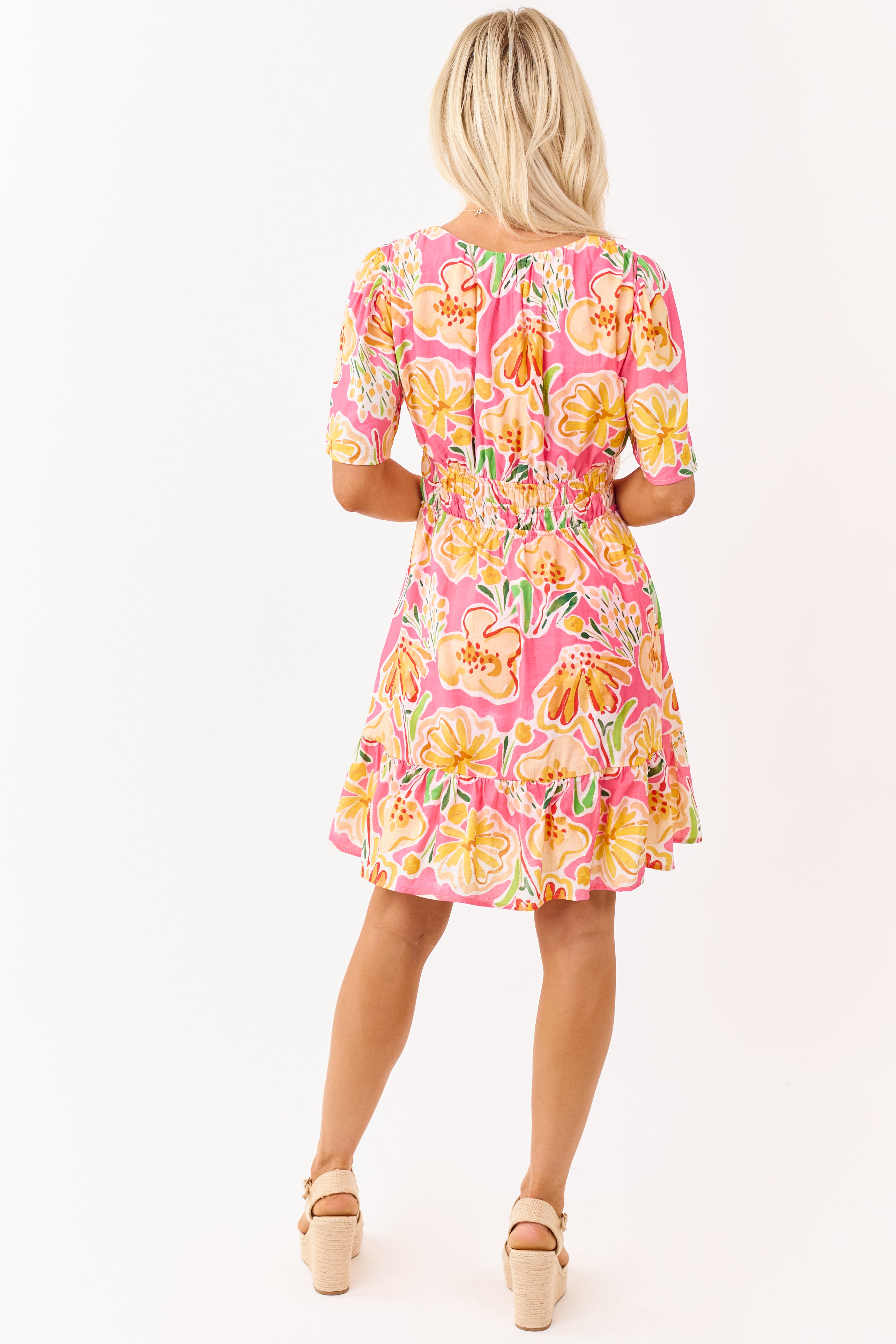 She+Sky Fuchsia Floral Print V Neck Mini Dress