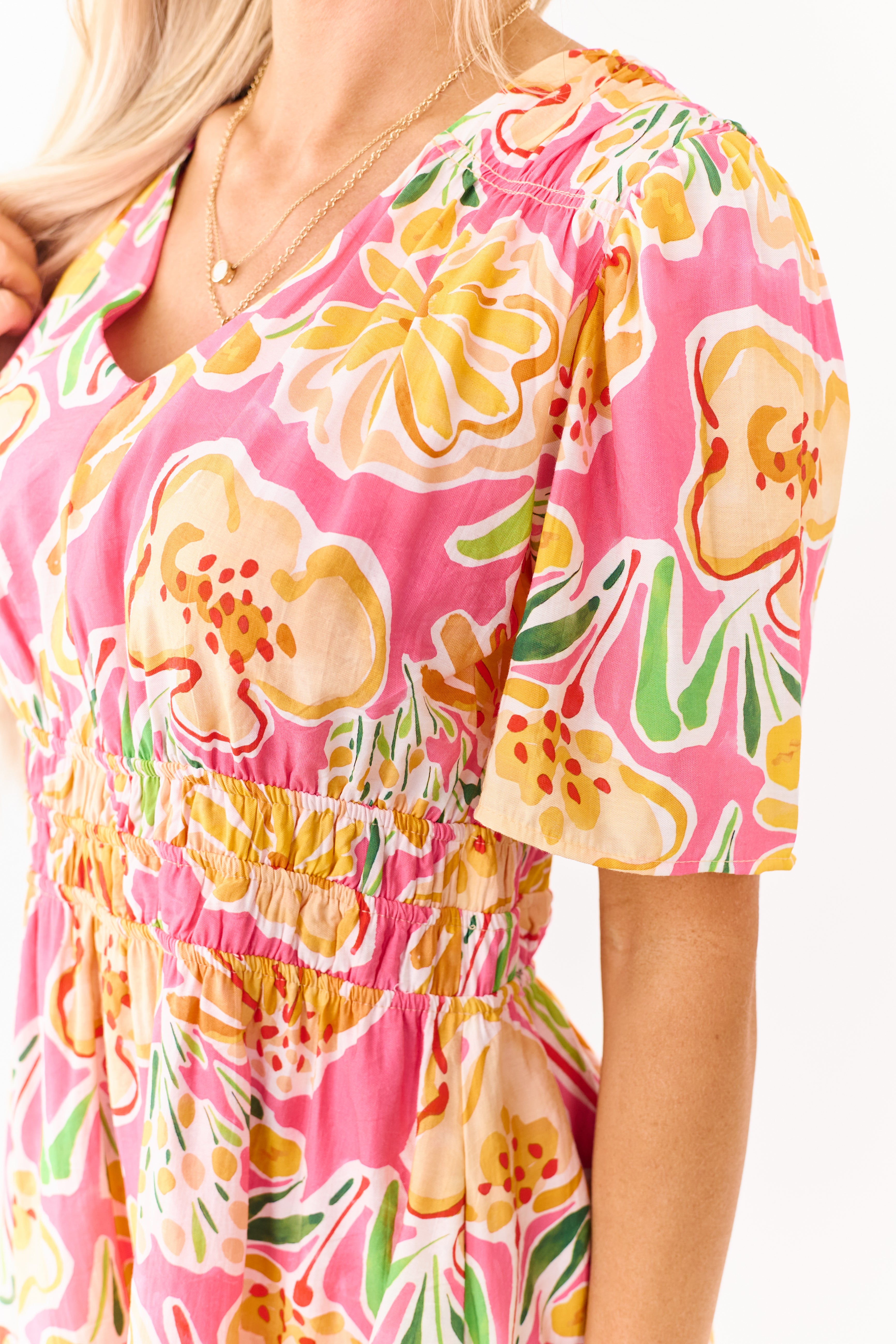 She+Sky Fuchsia Floral Print V Neck Mini Dress