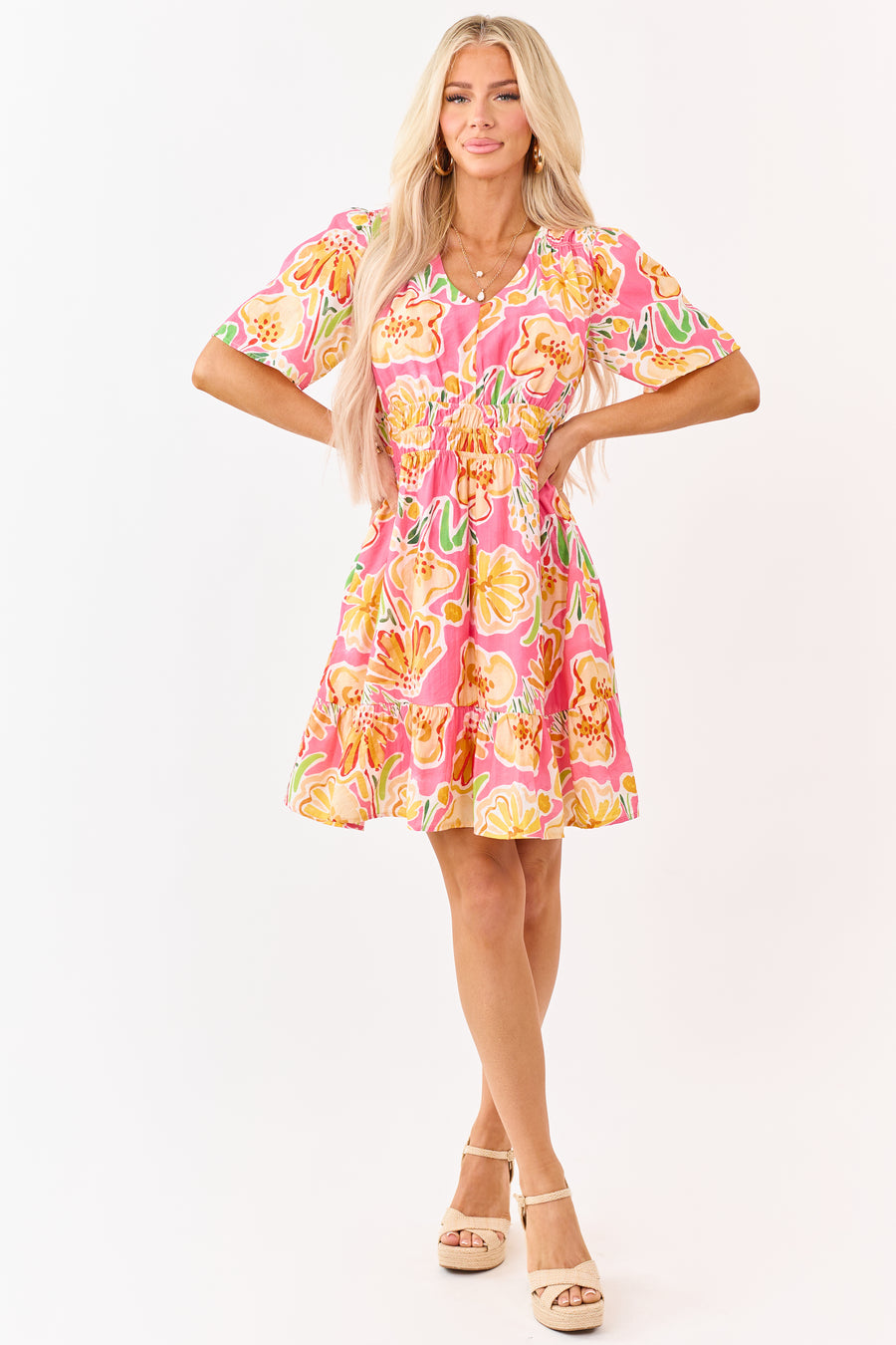 She+Sky Fuchsia Floral Print V Neck Mini Dress