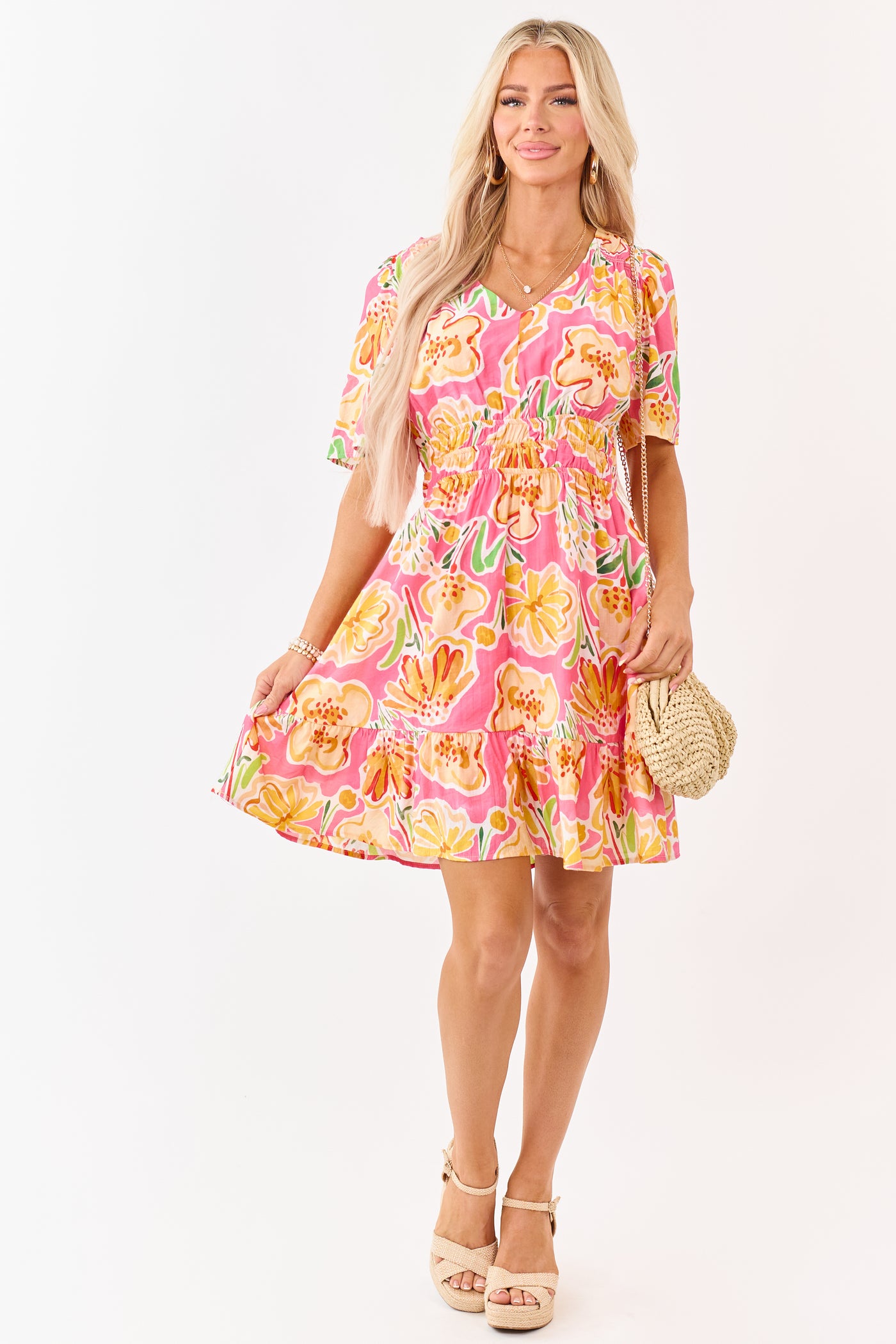 She+Sky Fuchsia Floral Print V Neck Mini Dress