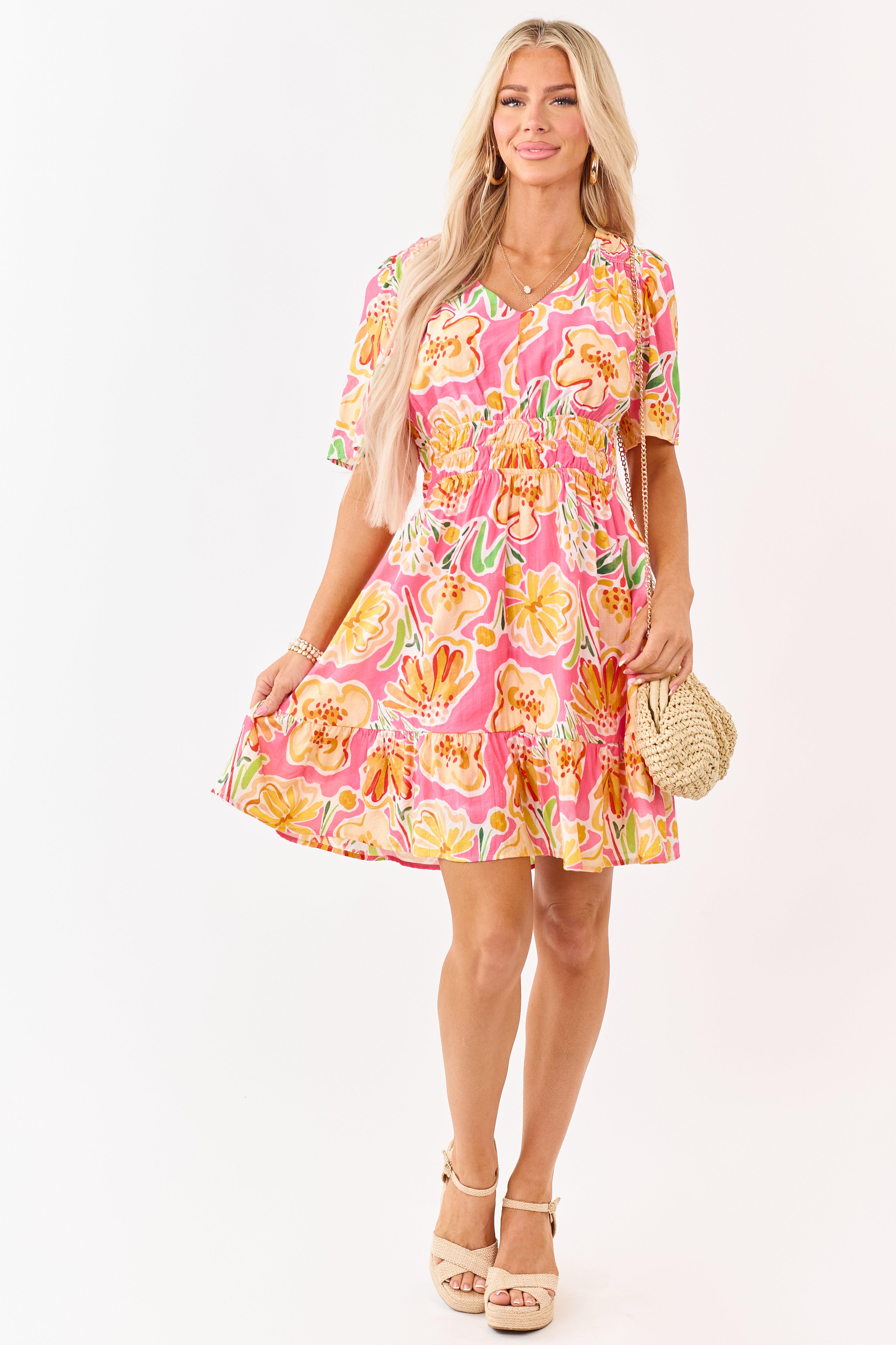 She+Sky Fuchsia Floral Print V Neck Mini Dress