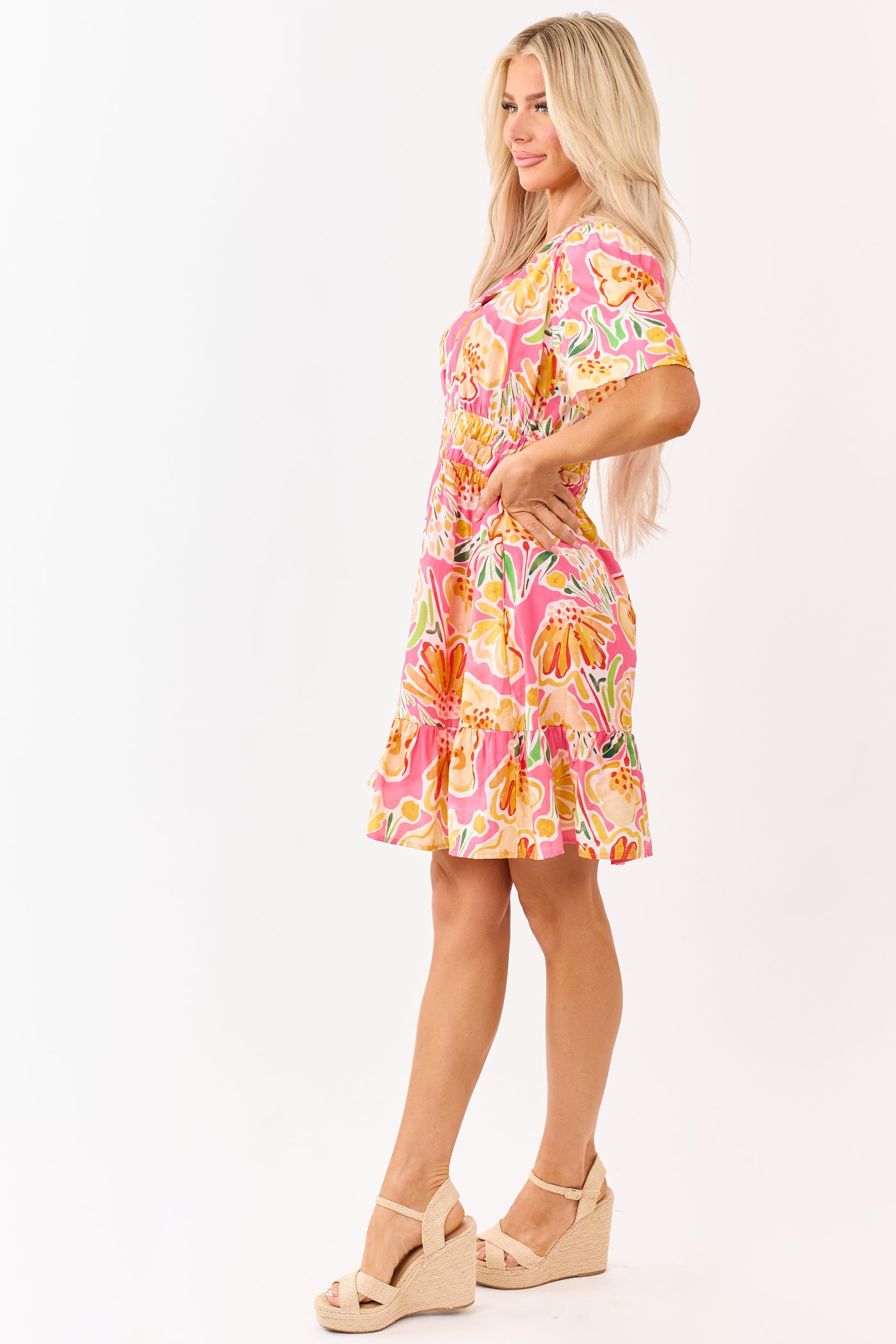 She+Sky Fuchsia Floral Print V Neck Mini Dress | Lime Lush Boutique