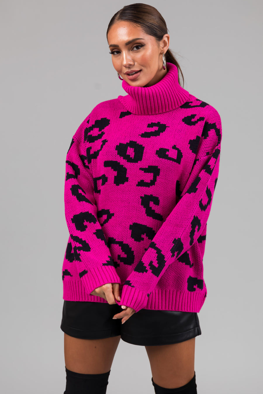 She+Sky Fuchsia Leopard Turtleneck Sweater