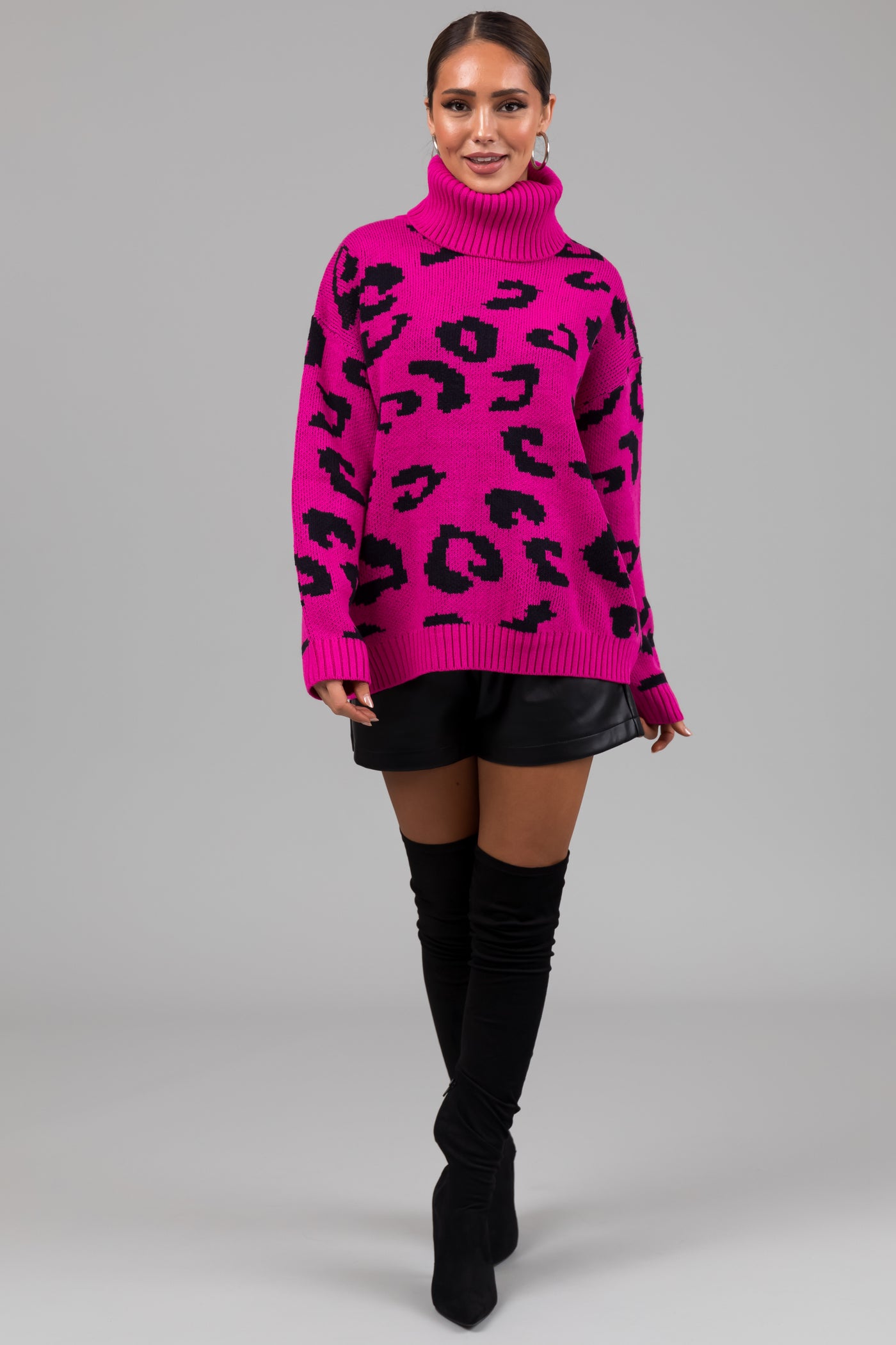 She+Sky Fuchsia Leopard Turtleneck Sweater