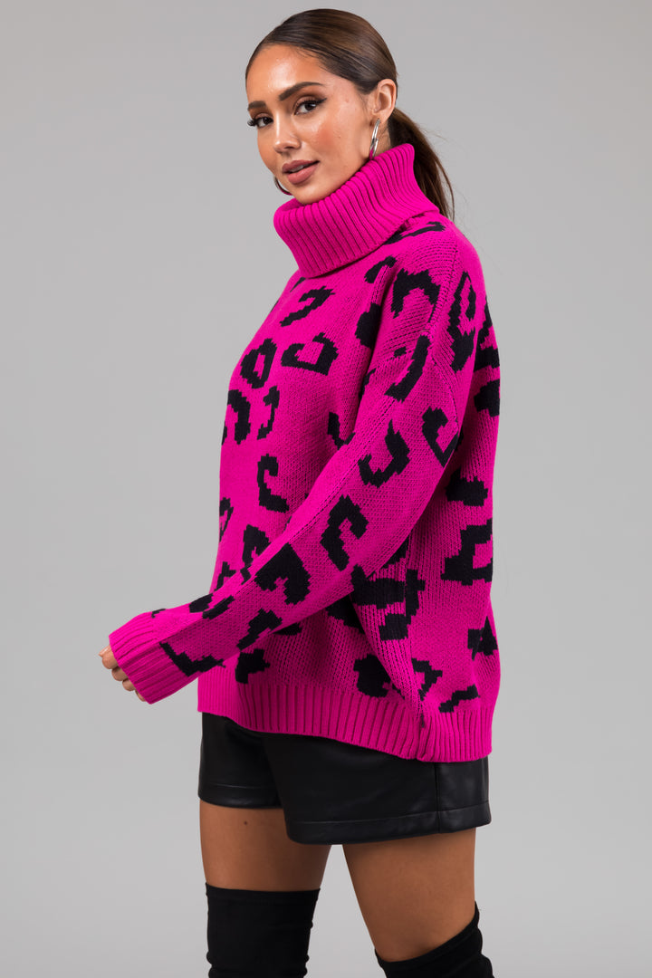 She+Sky Fuchsia Leopard Turtleneck Sweater