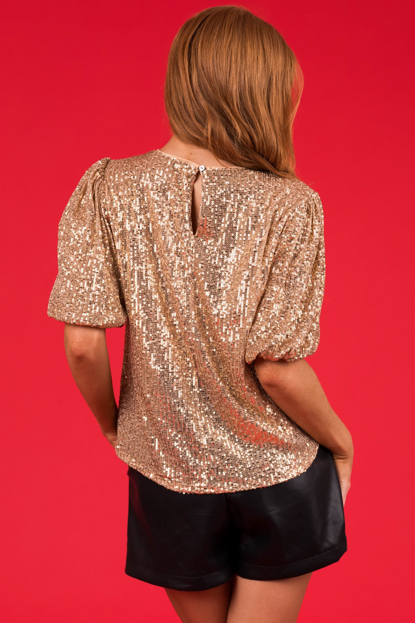 She+Sky Gold Sequined Half Puff Sleeve Top