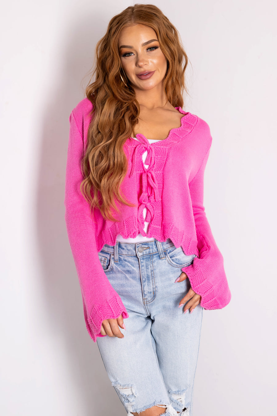 She+Sky Hot Pink Front Ties Scalloped Cardigan