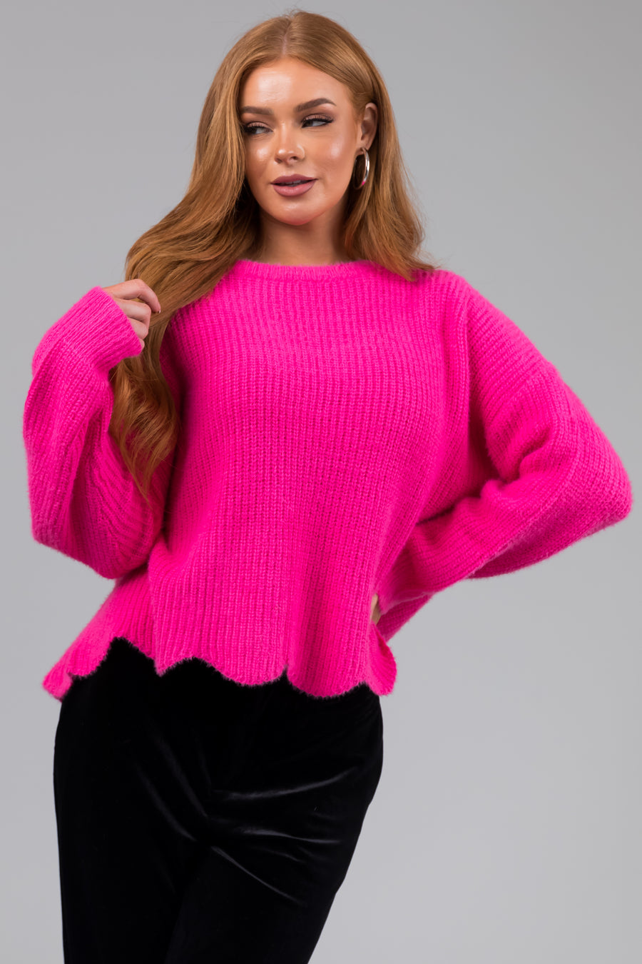 She+Sky Hot Pink Scallop Hem Knit Sweater