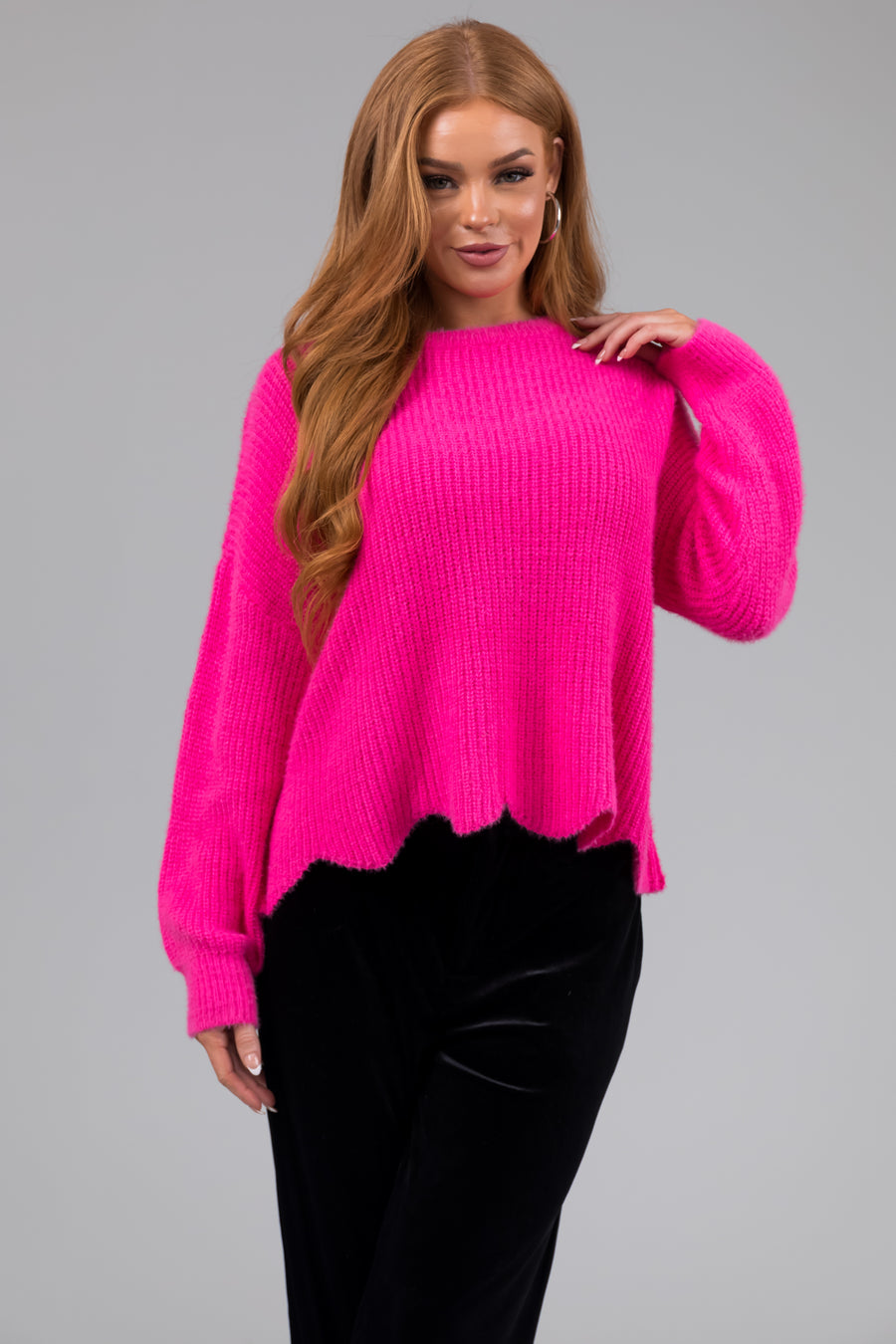 She+Sky Hot Pink Scallop Hem Knit Sweater