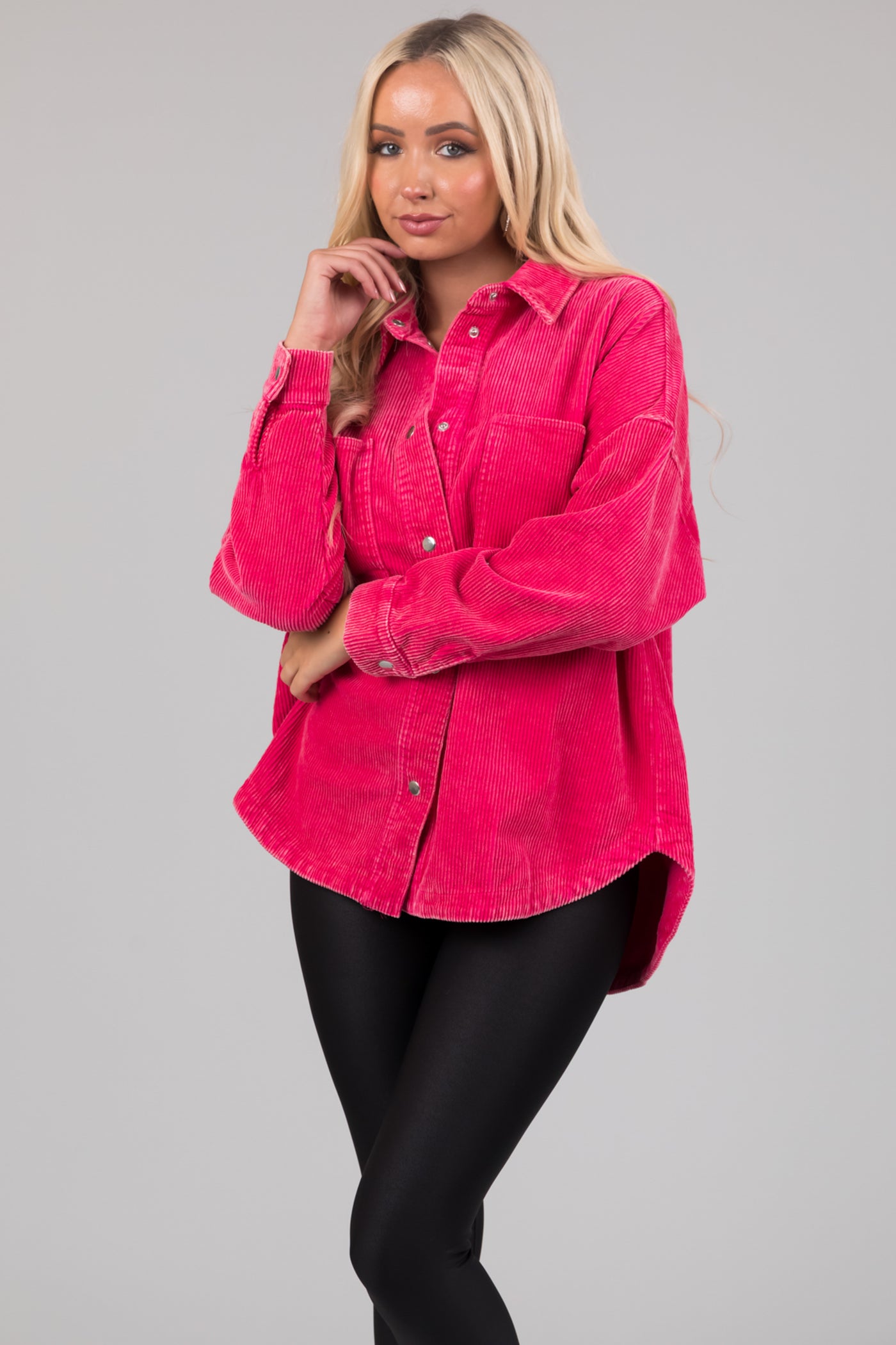 She+Sky Hot Pink Snap Button Corduroy Shacket