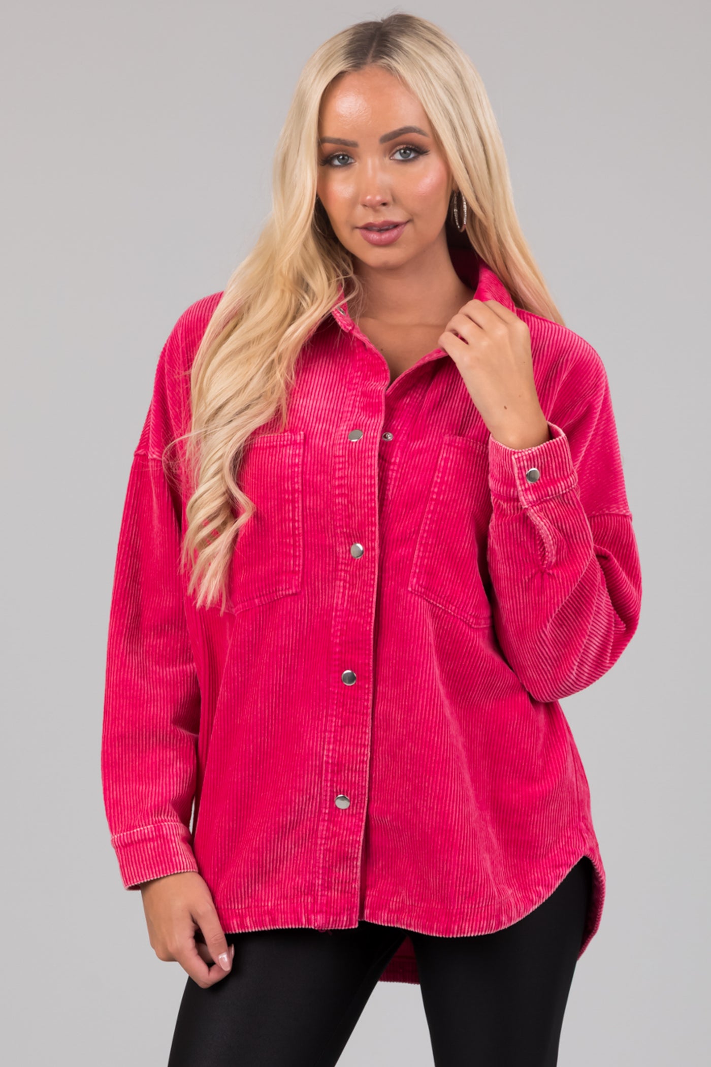 She+Sky Hot Pink Snap Button Corduroy Shacket