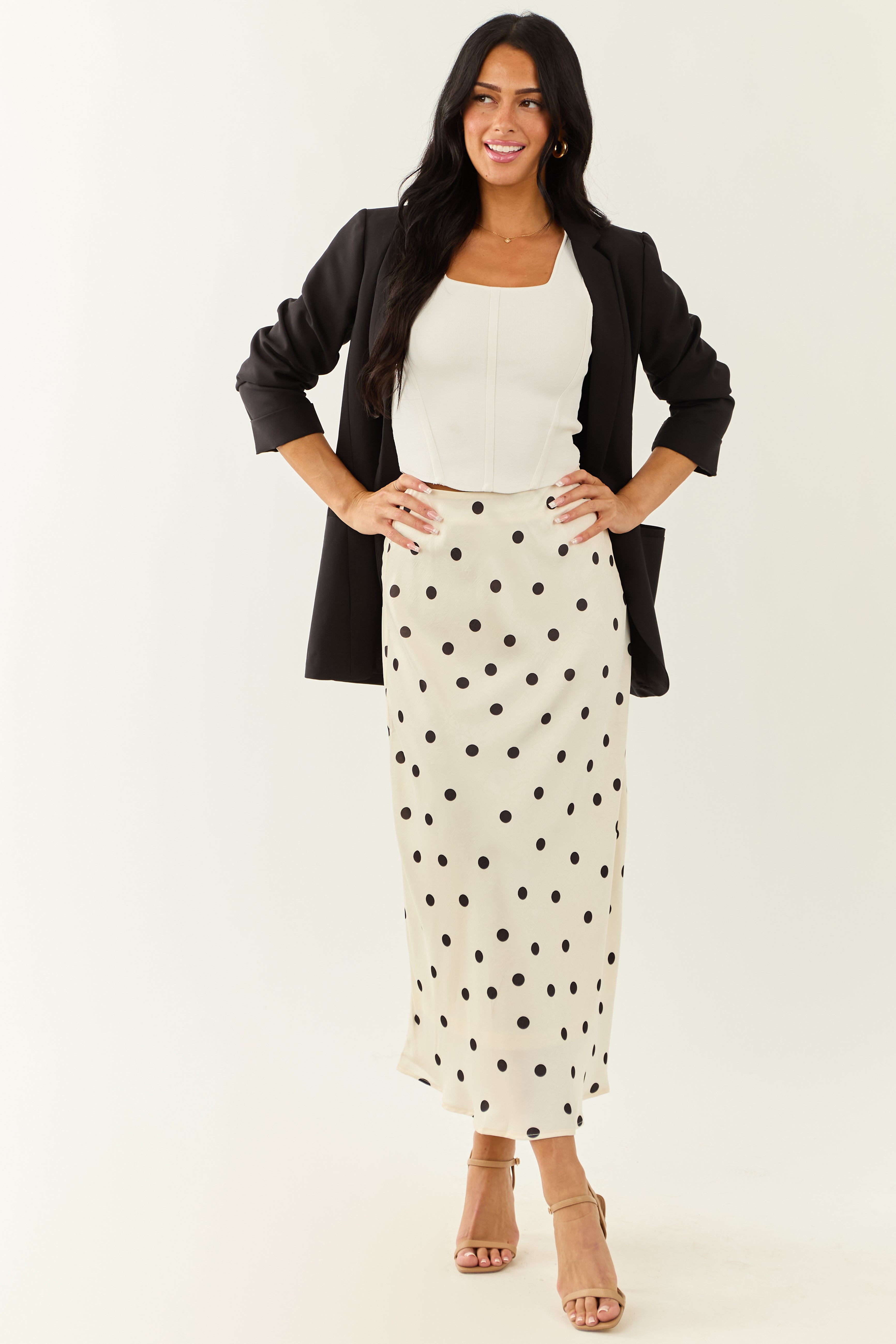 She+Sky Ivory Polka Dot Satin Midi Skirt