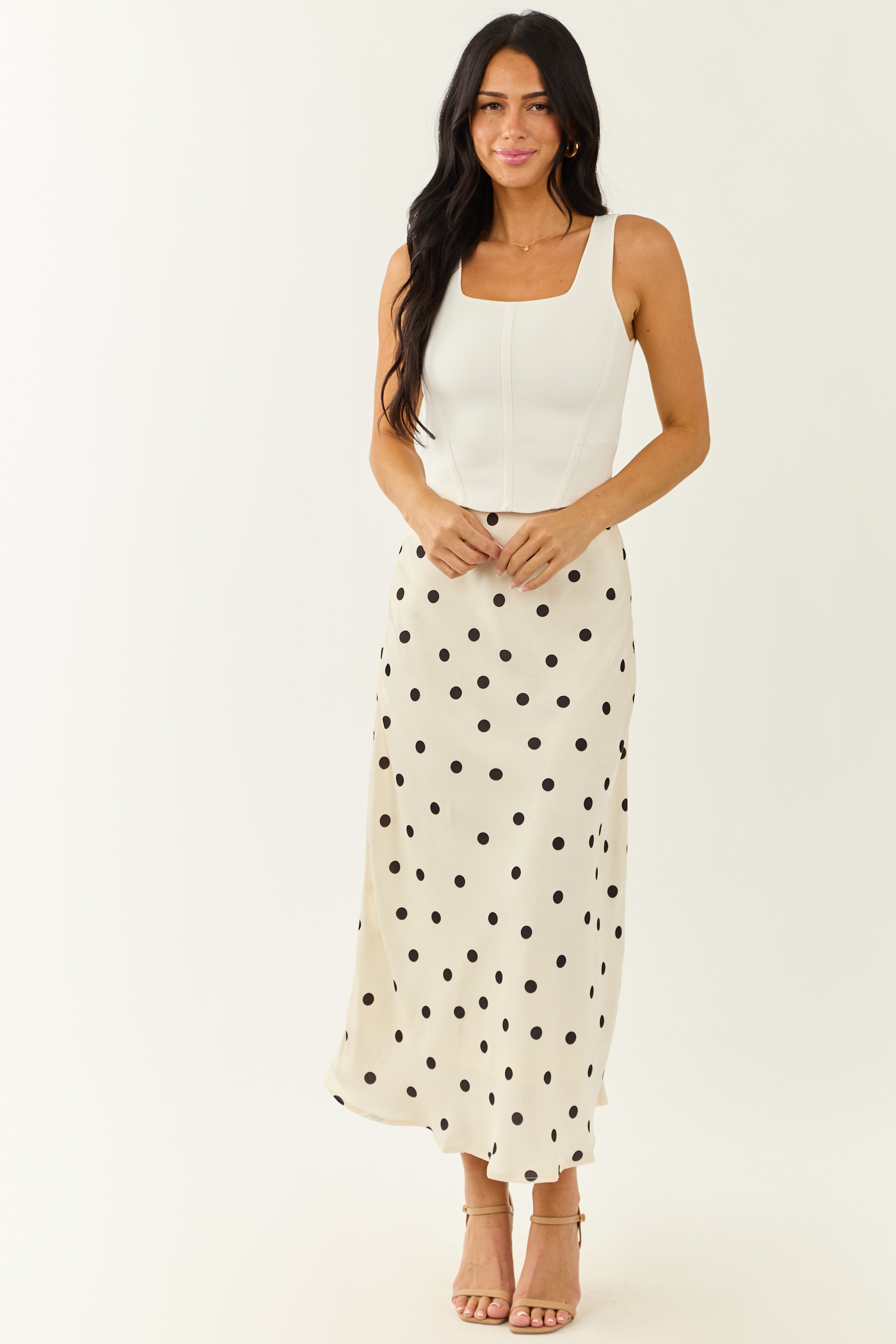 She+Sky Ivory Polka Dot Satin Midi Skirt