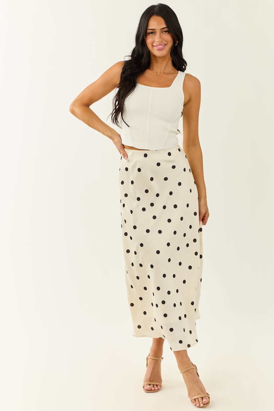 She+Sky Ivory Polka Dot Satin Midi Skirt