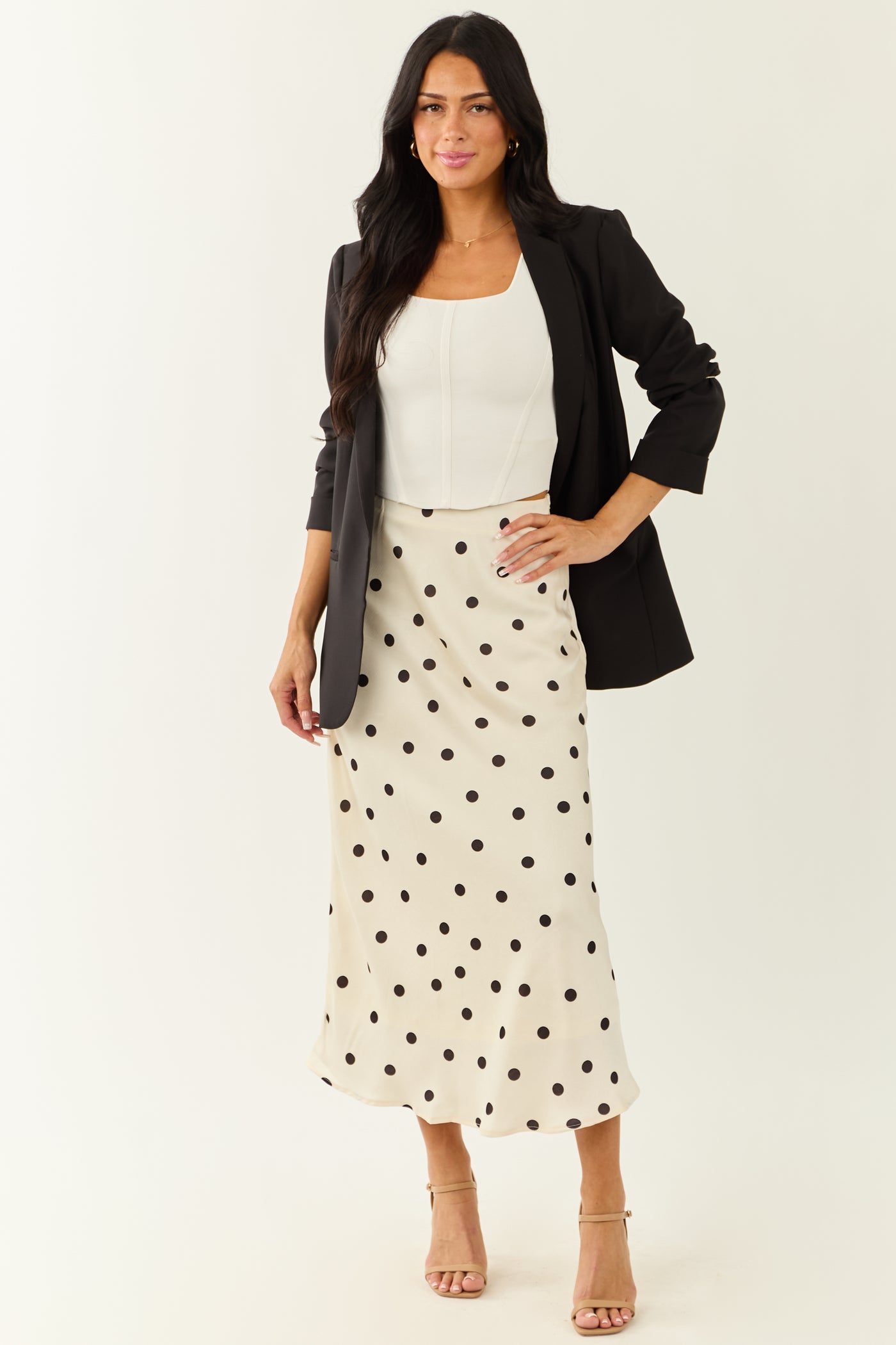 She+Sky Ivory Polka Dot Satin Midi Skirt
