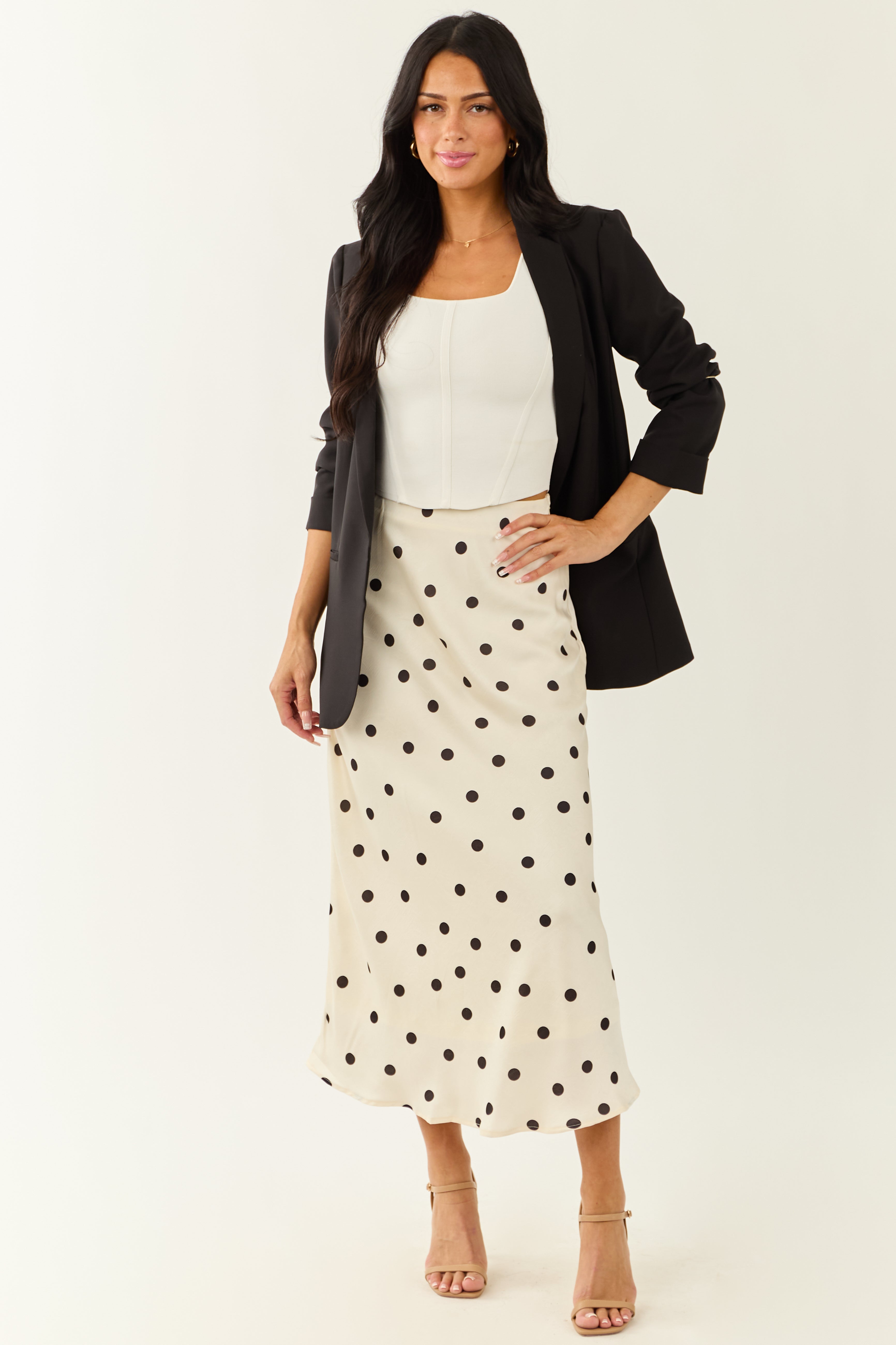 She+Sky Ivory Polka Dot Satin Midi Skirt
