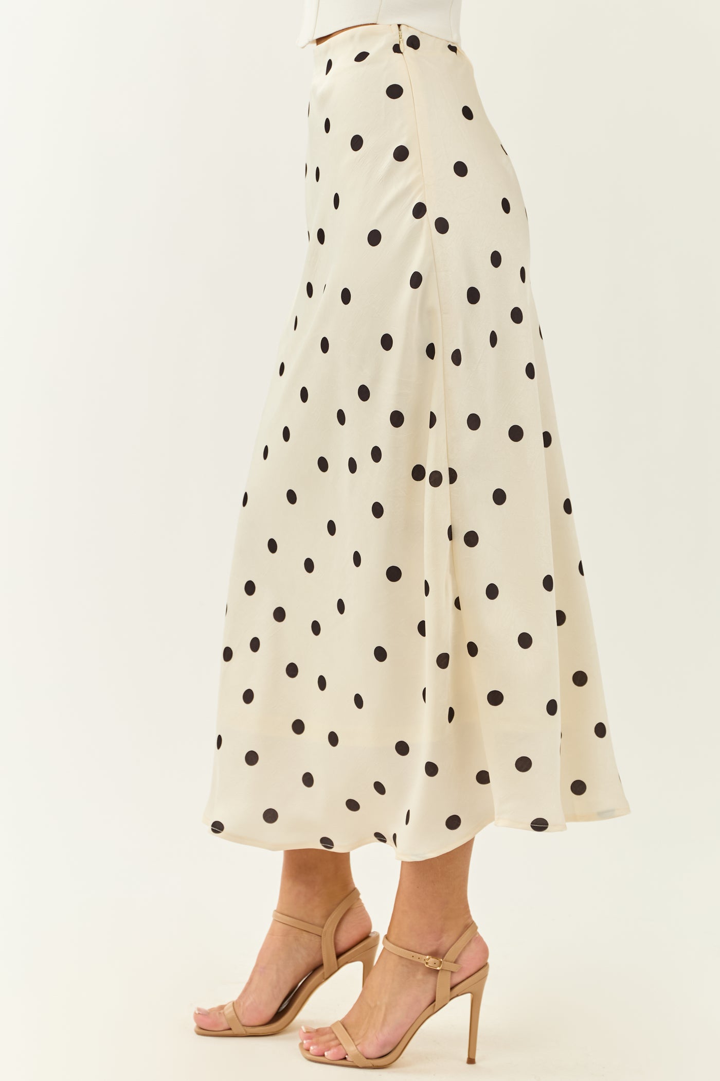 She+Sky Ivory Polka Dot Satin Midi Skirt