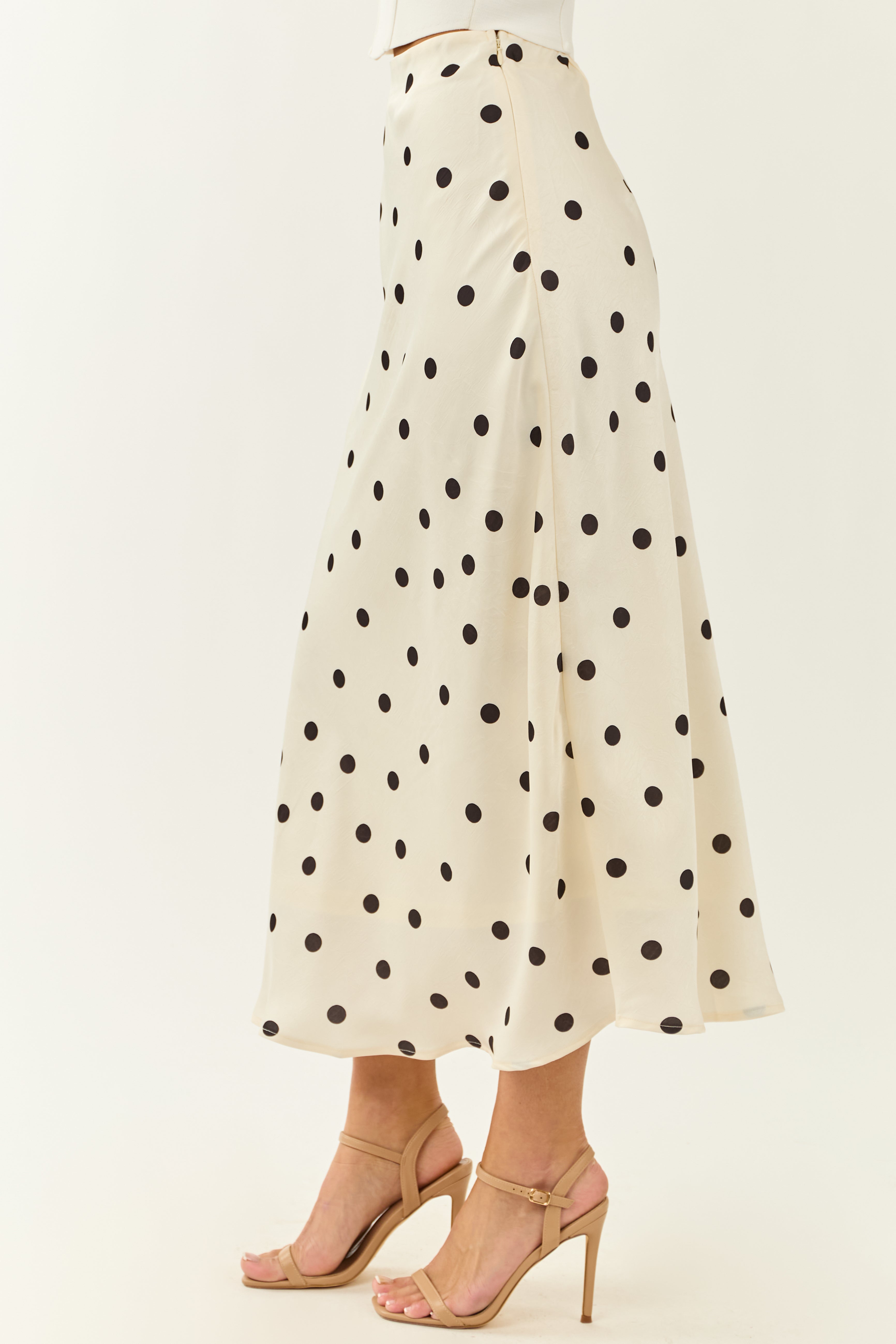 She+Sky Ivory Polka Dot Satin Midi Skirt