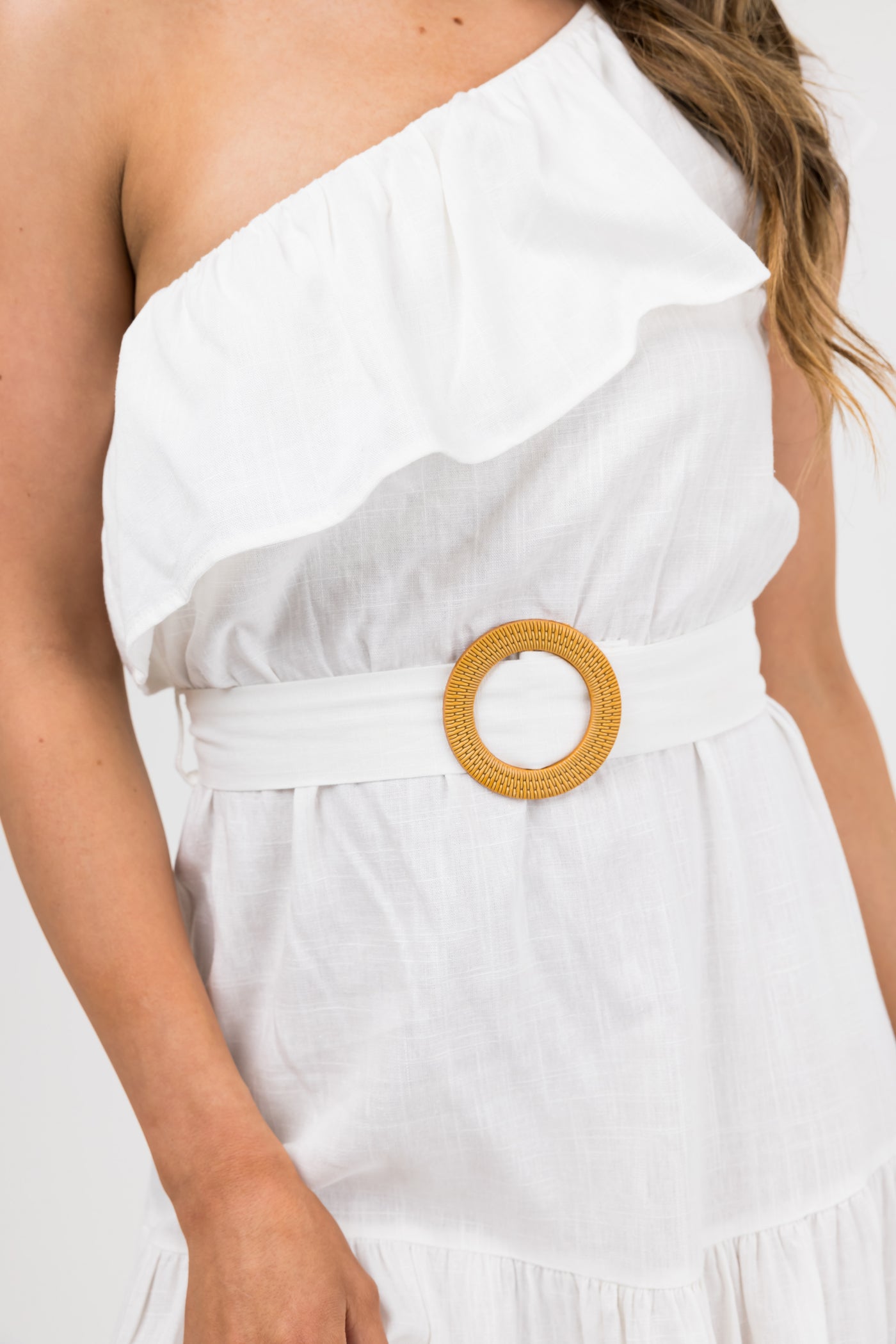 she and sky midi dress She+Sky Ivory Ruffle One Shoulder Midi Dress
