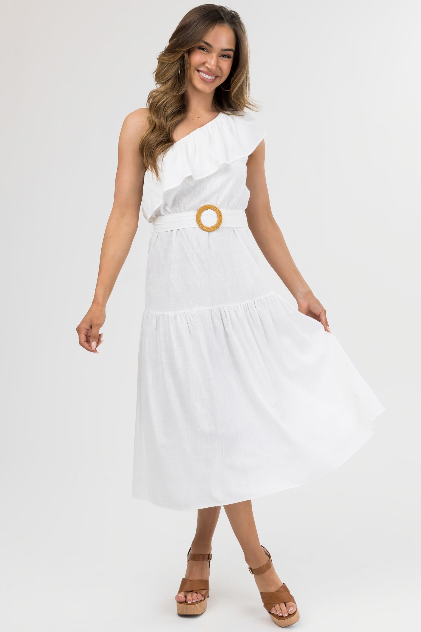 She+Sky Ivory Ruffle One Shoulder Midi Dress