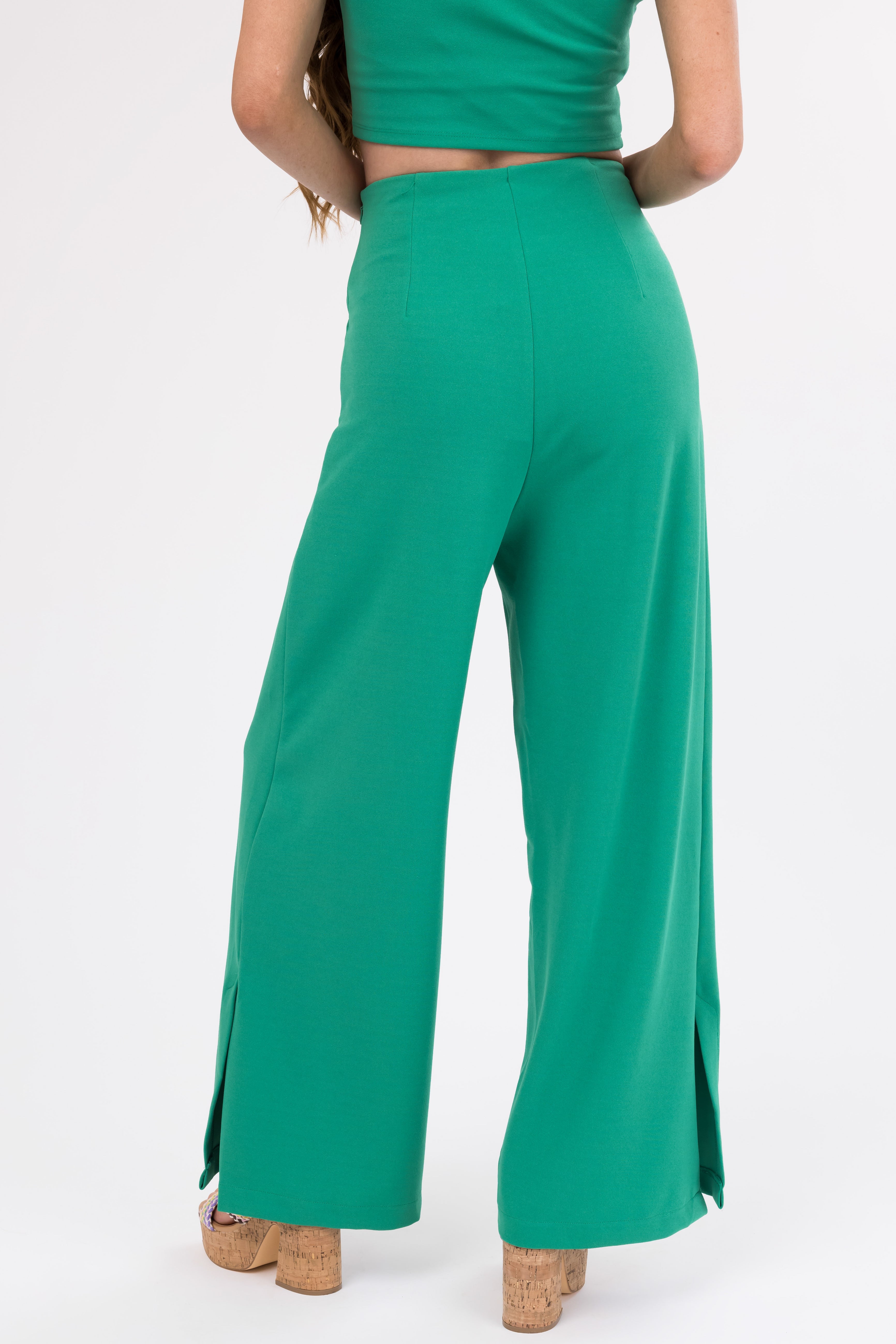 【OPEN YY】 CUT OUT KNIT PANTS PALE GREEN She+Sky Jade Wide Leg Side Slit Knit Pants | Lime Lush Boutique