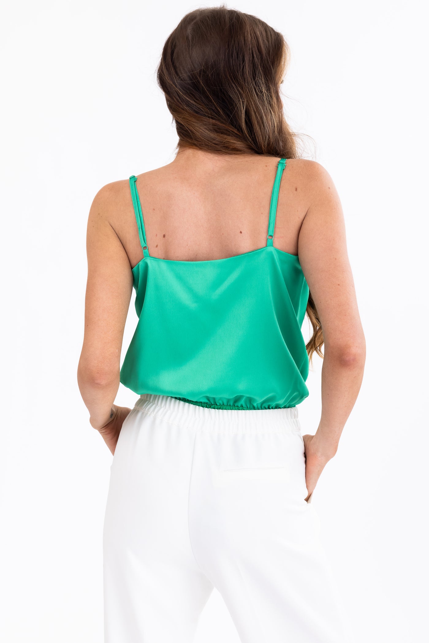 She+Sky Kelly Green Draped Neck Sleeveless Bodysuit