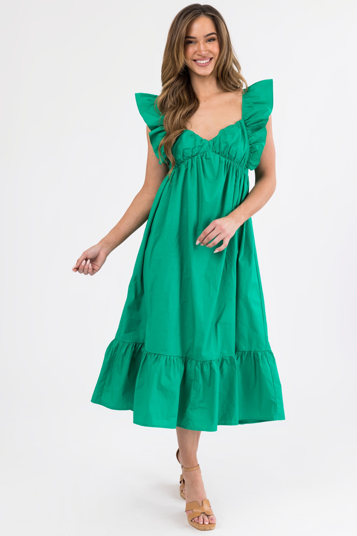 She+Sky Kelly Green Flutter Sleeve Midi Dress