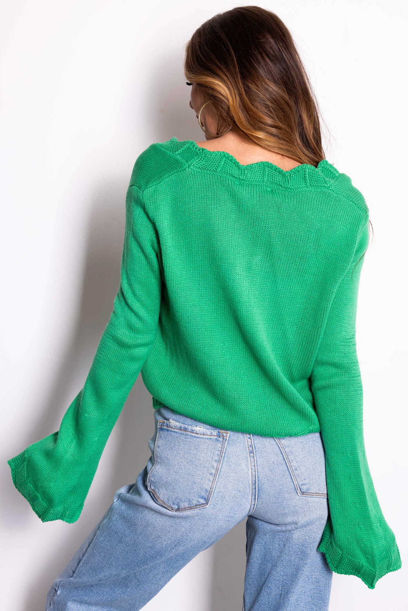 She+Sky Kelly Green Front Ties Scalloped Cardigan