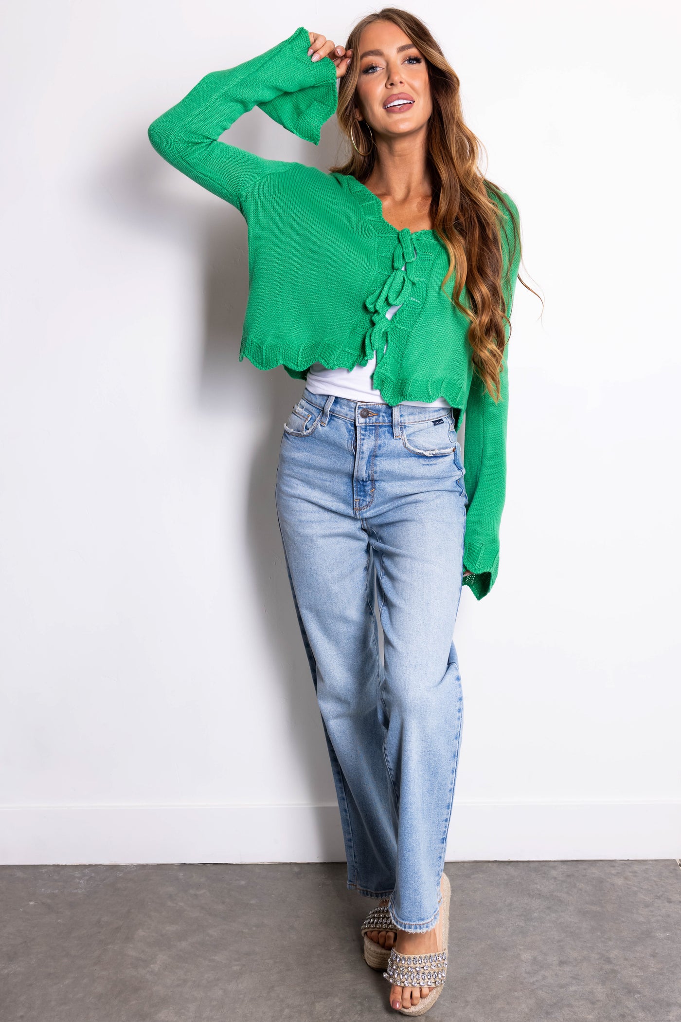 She+Sky Kelly Green Front Ties Scalloped Cardigan